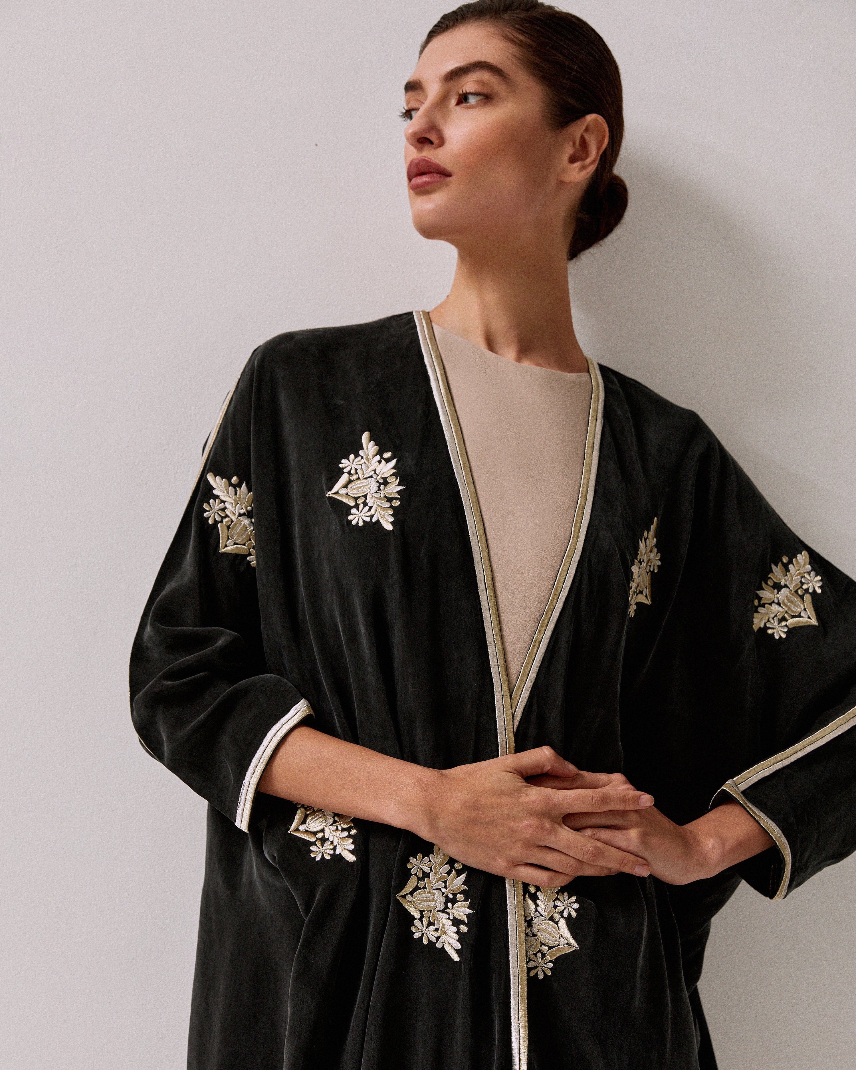 Black Washed Silk Lotus Embroidery Abaya