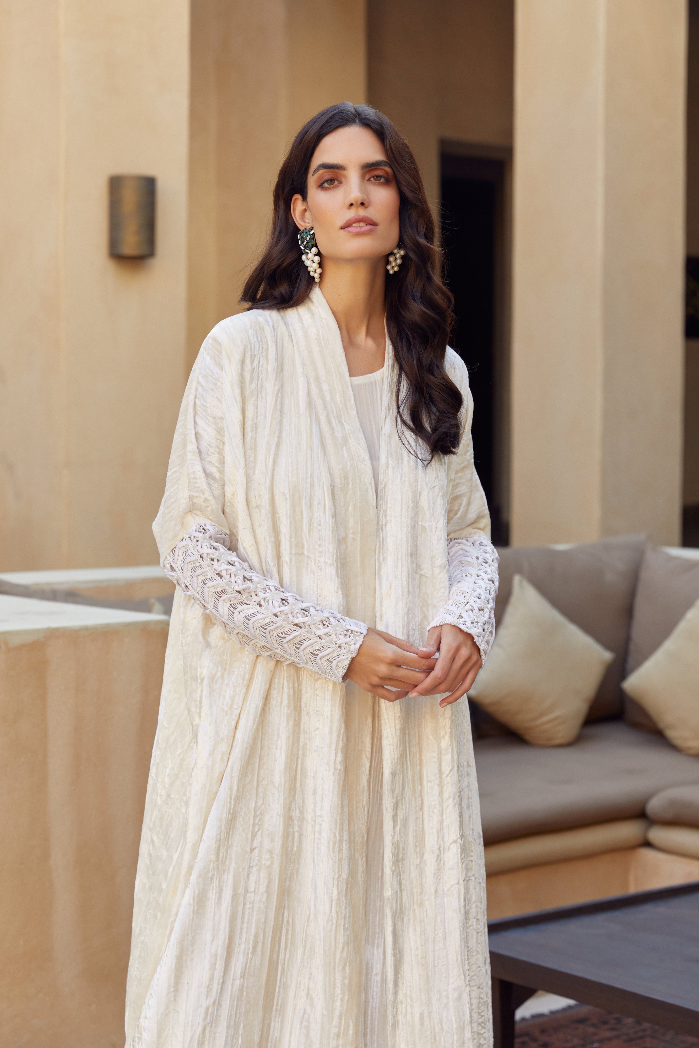 Off White Crinkled with Chevron Sleeves Embroidery