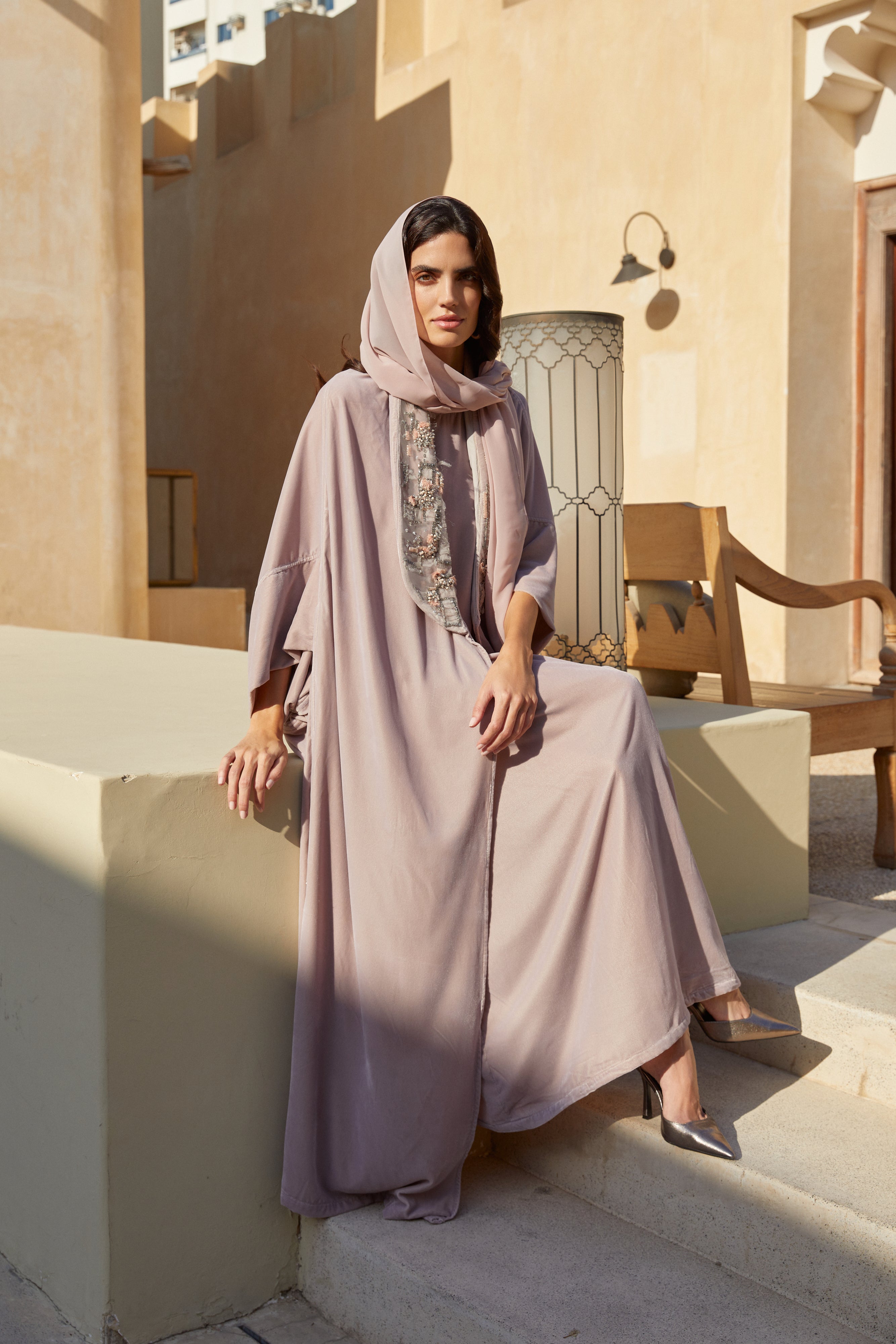 Light Purple Gray Poncho with Collar Embroidery