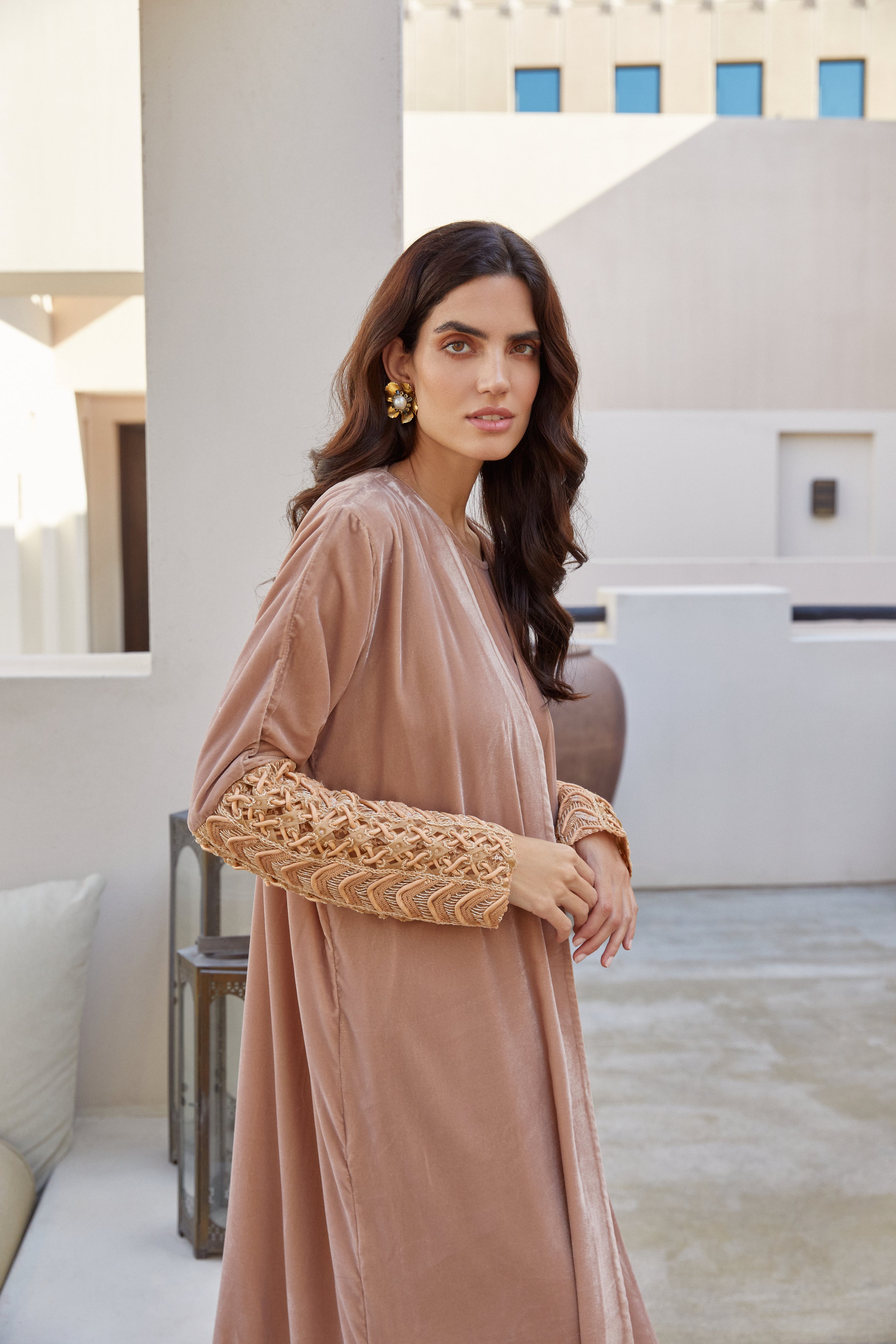 Dark Beige Abaya with Chevron Sleeves Embroidery