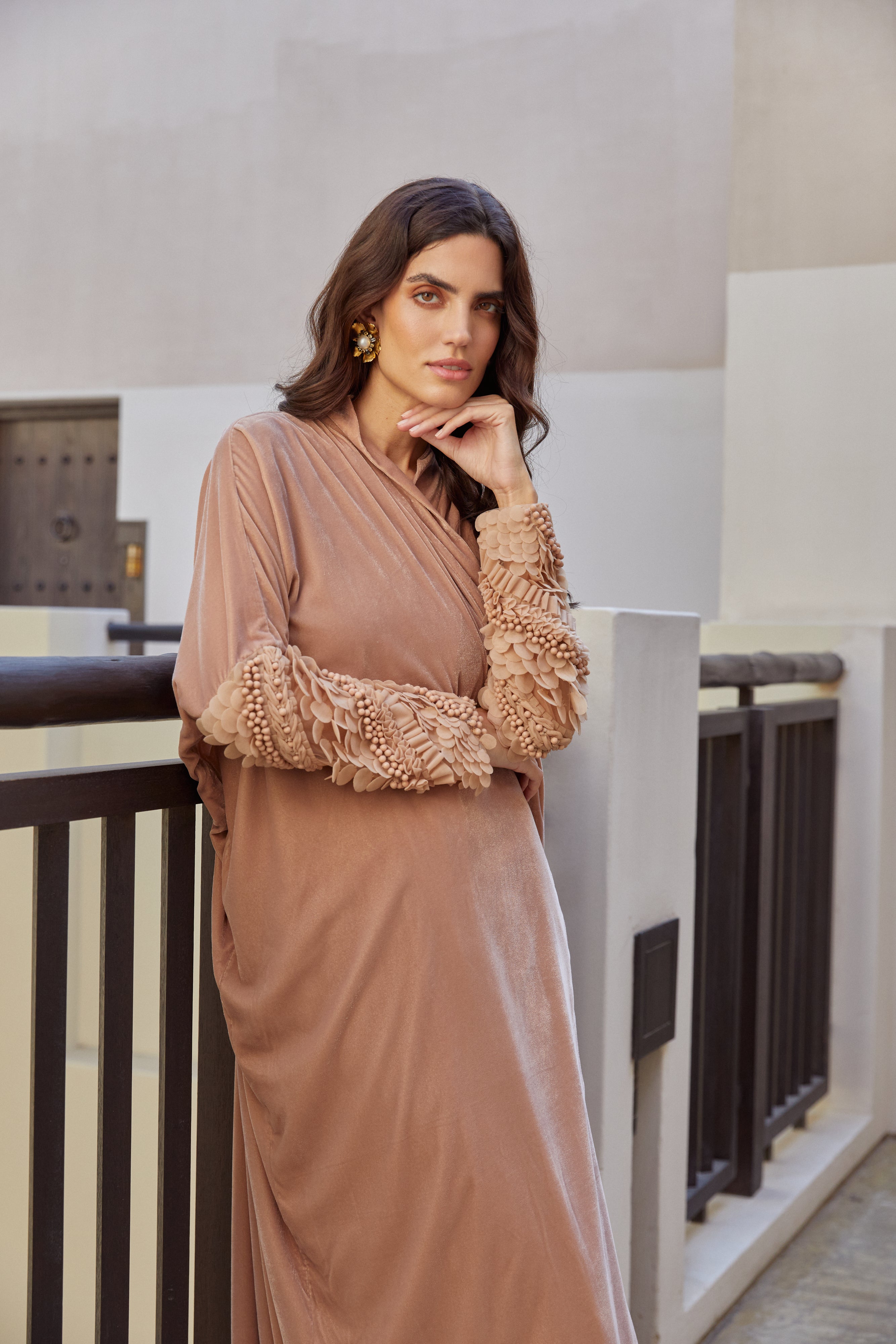 Dark Beige Abaya with 3D Tulle Sleeves Embroidery