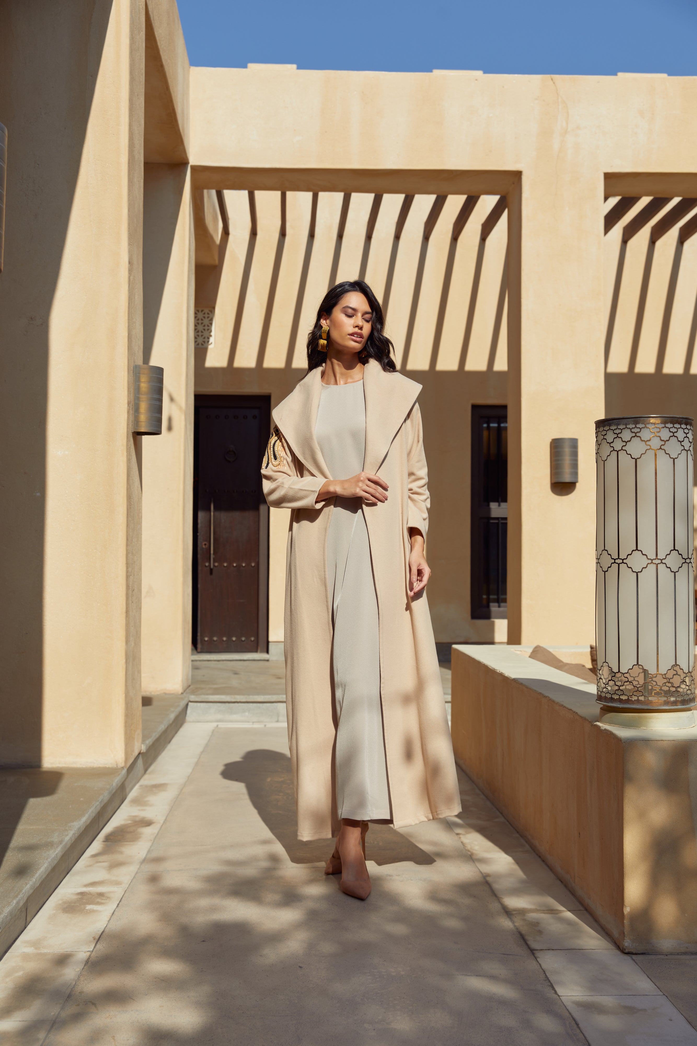 Nude Wool Coat with Cord Shoulder Embroidery
