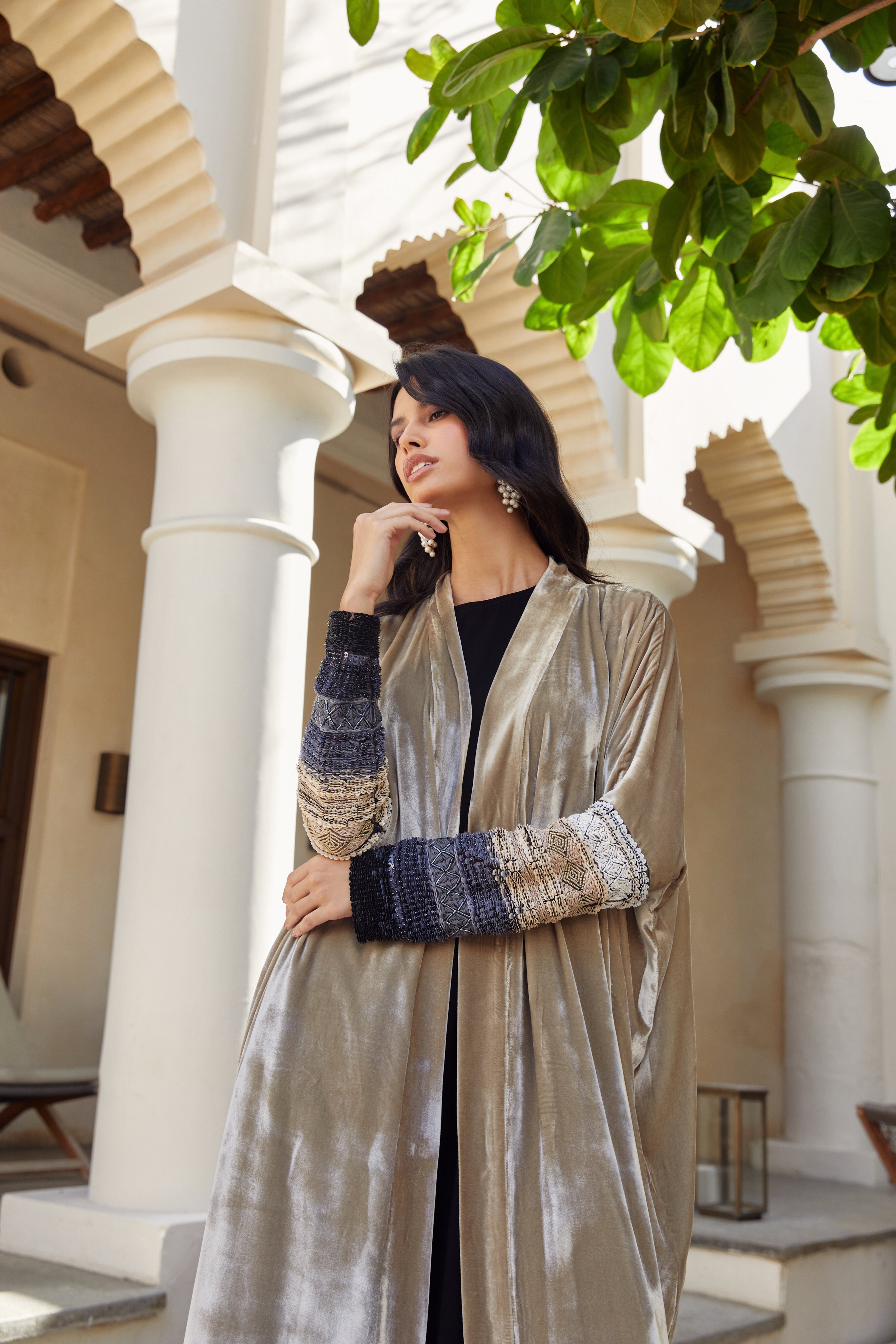 Beige Velvet with Raffia Embroidered Sleeves