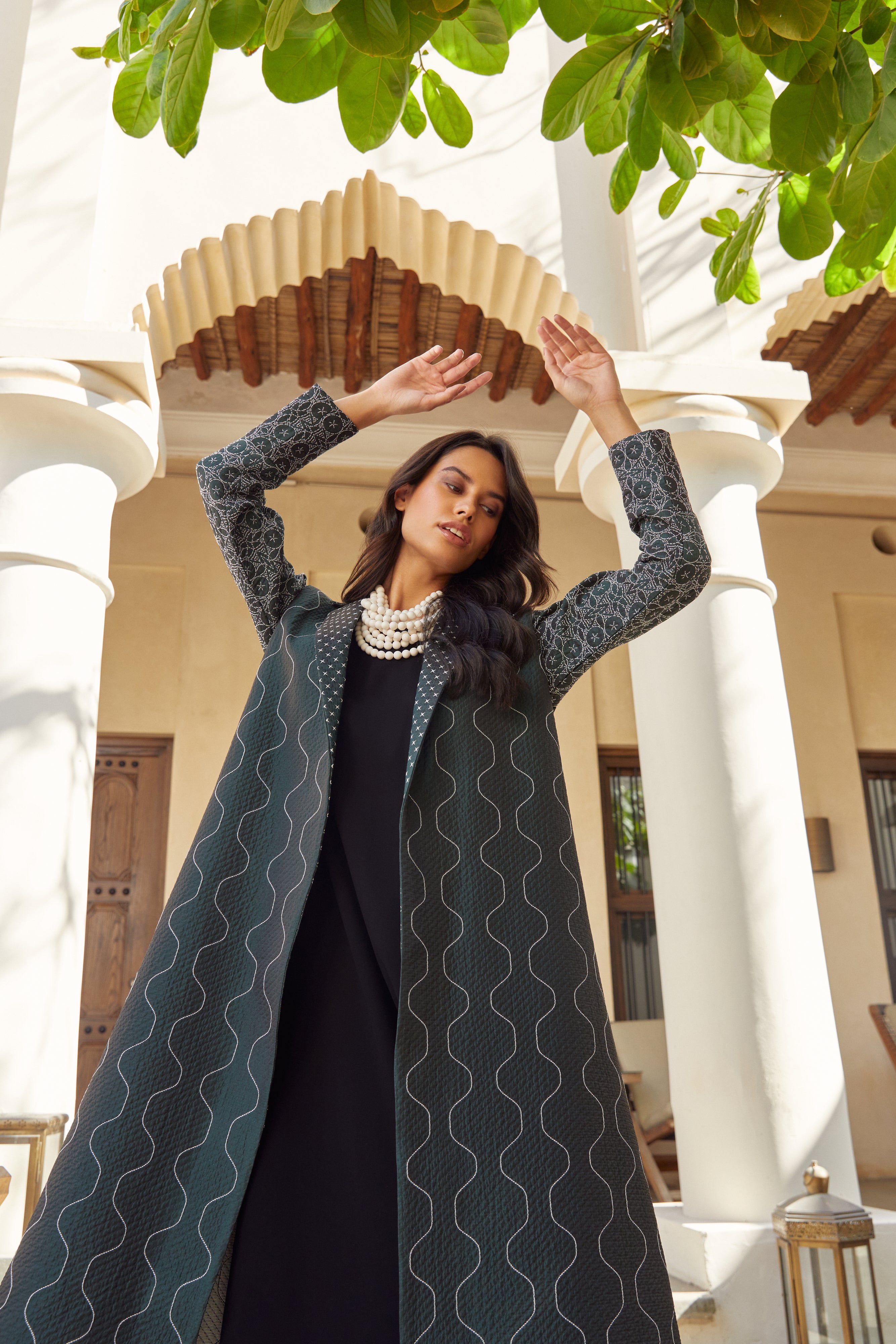 A-Line Green Printed Coat Abaya