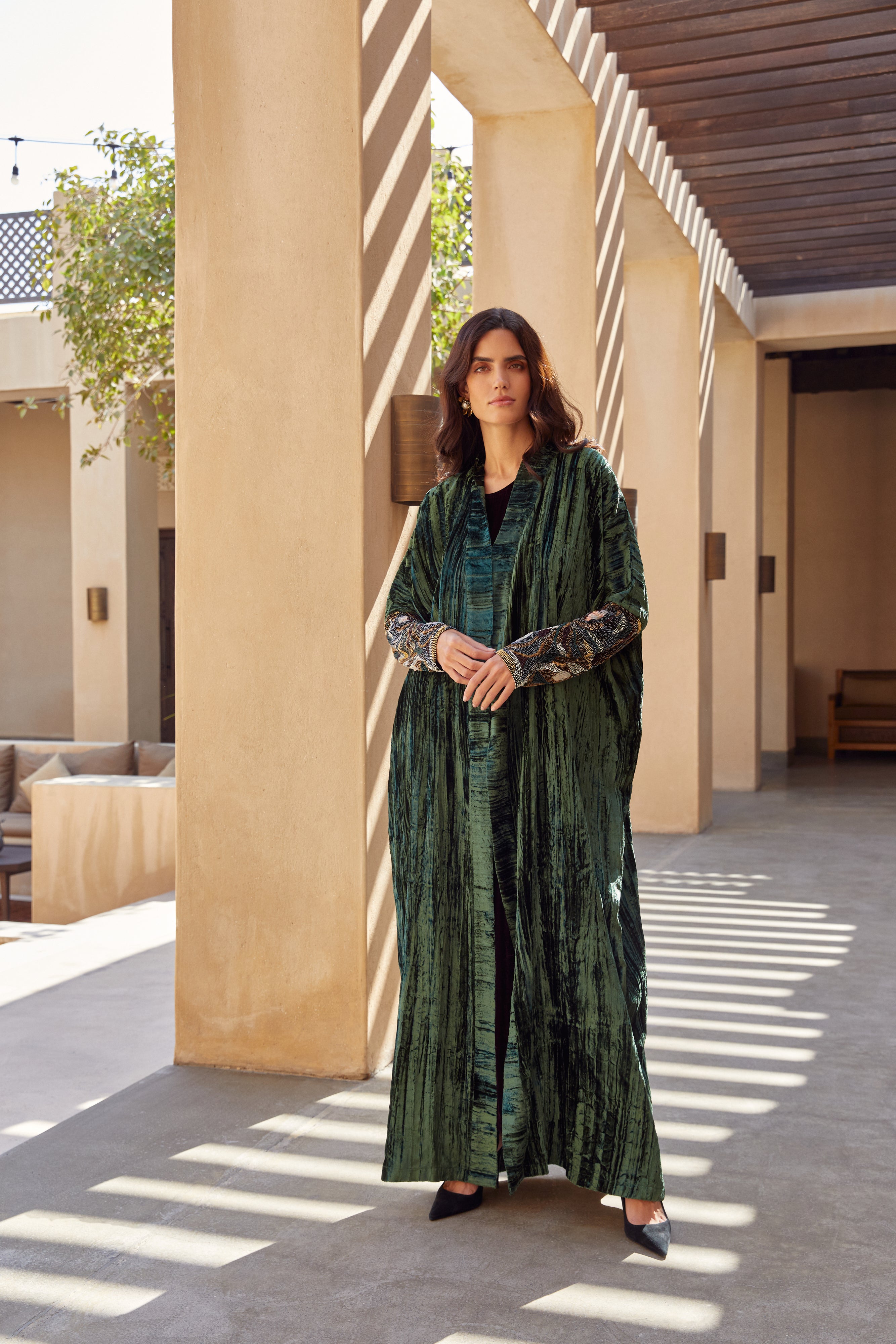 Crinkled Green Velvet Abaya with Sleeves Embroidery