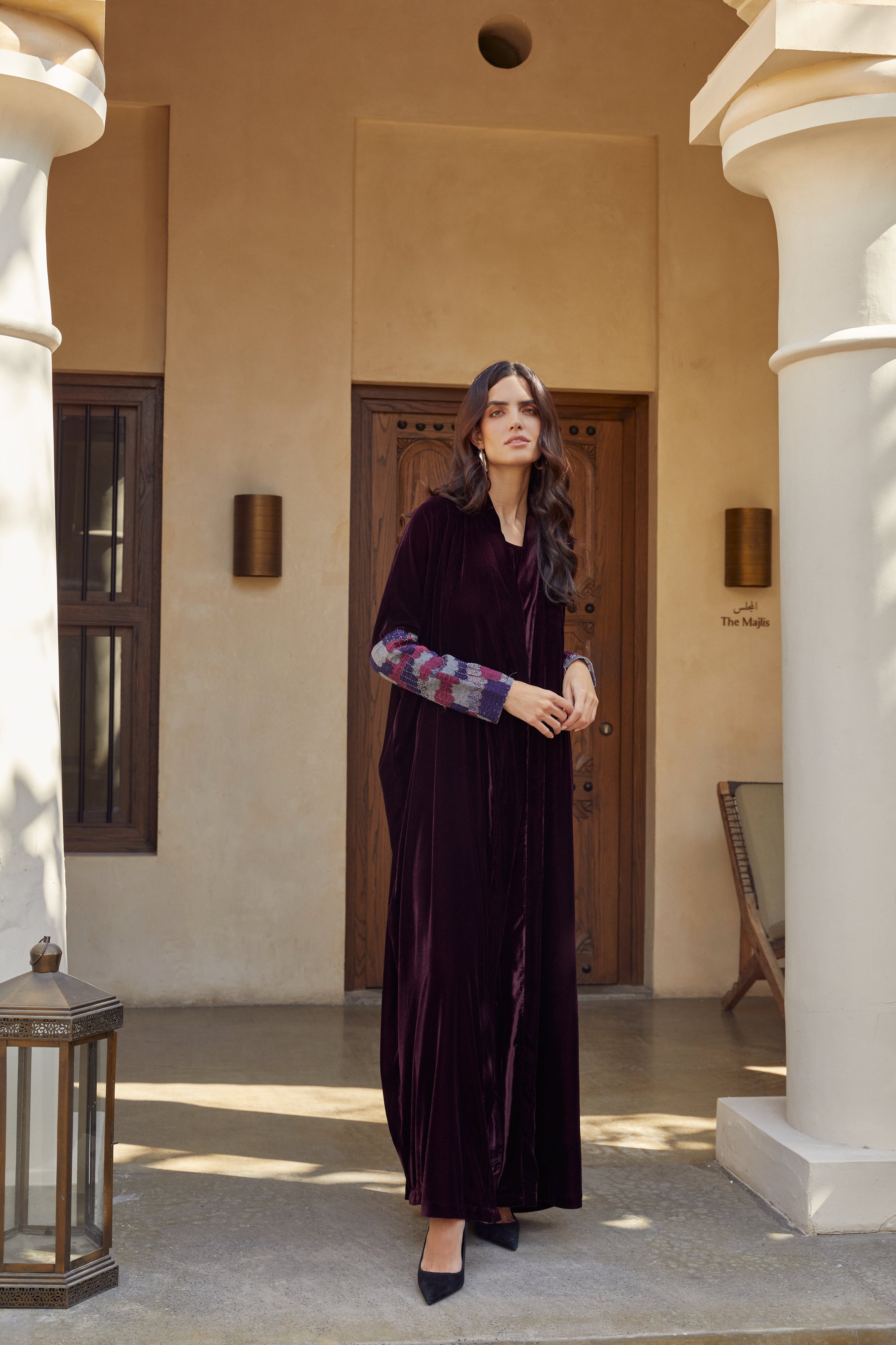 Burgundy Velvet with Threadwork Sleeves