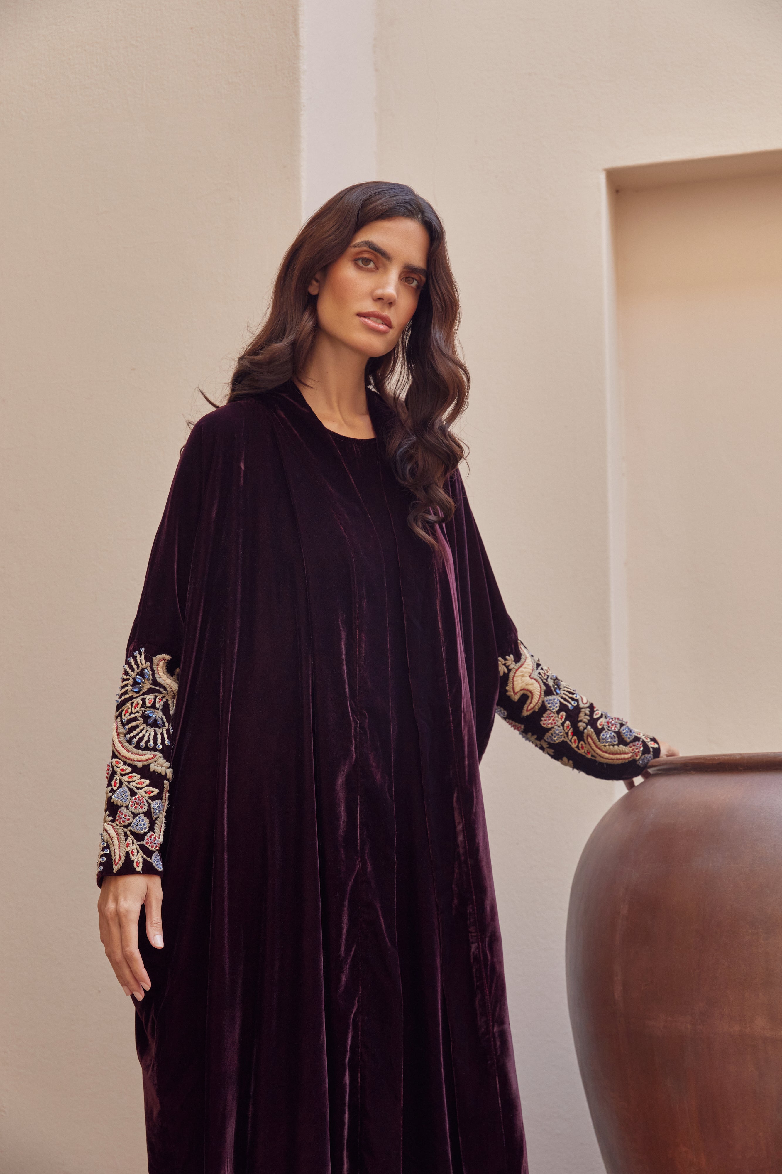 Burgundy Velvet with Burlap Sleeves Embroidery