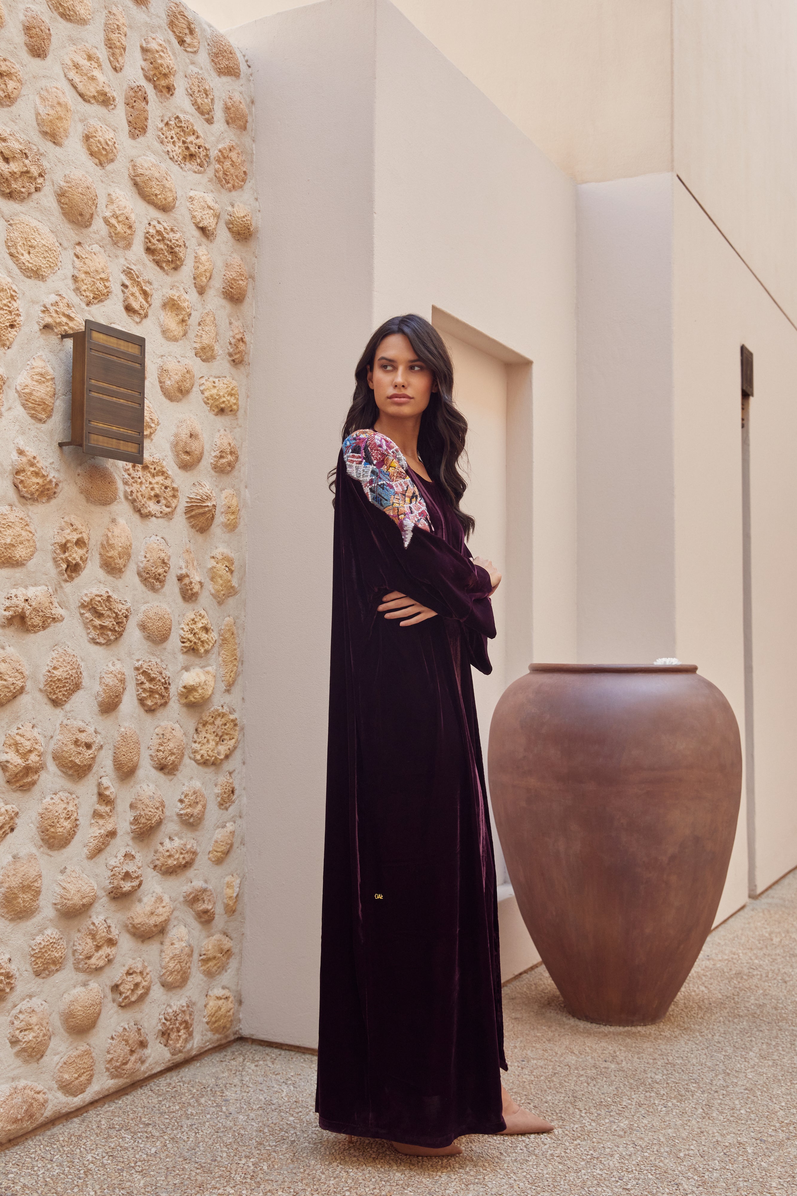 Burgundy Velvet with Shoulder Patchwork Embroidery