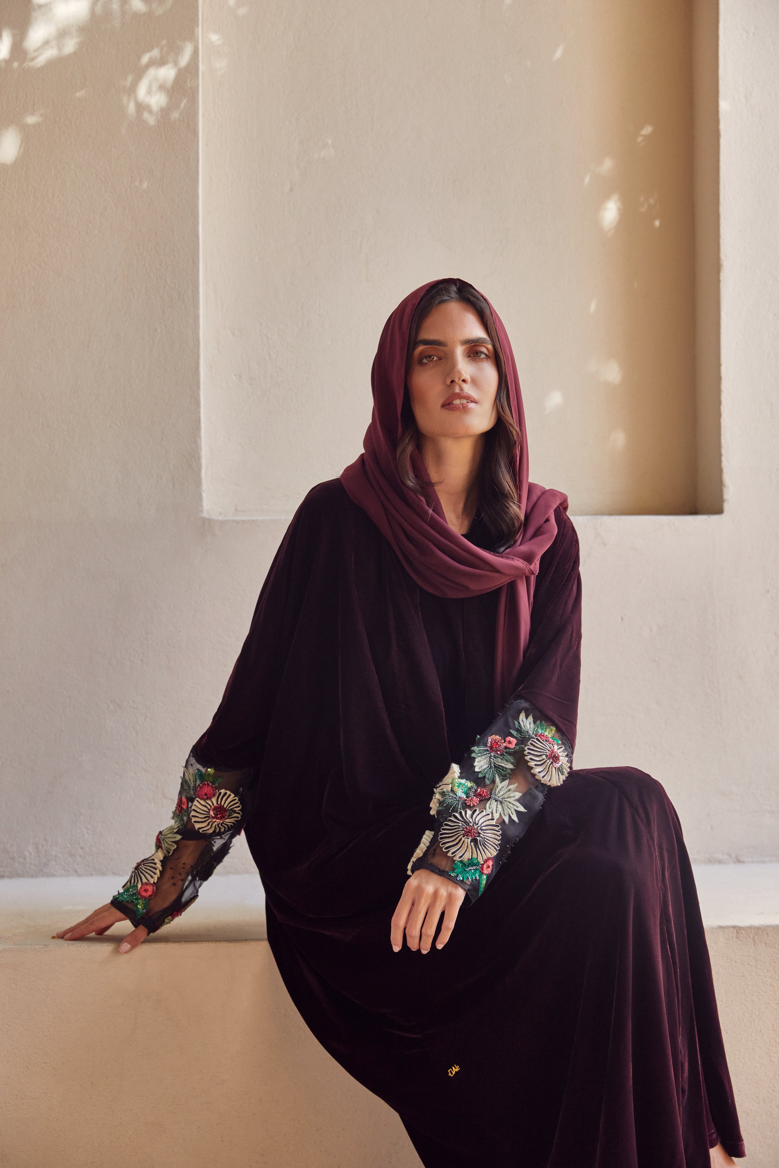Burgundy Velvet with 3D Floral Sleeves Embroidery