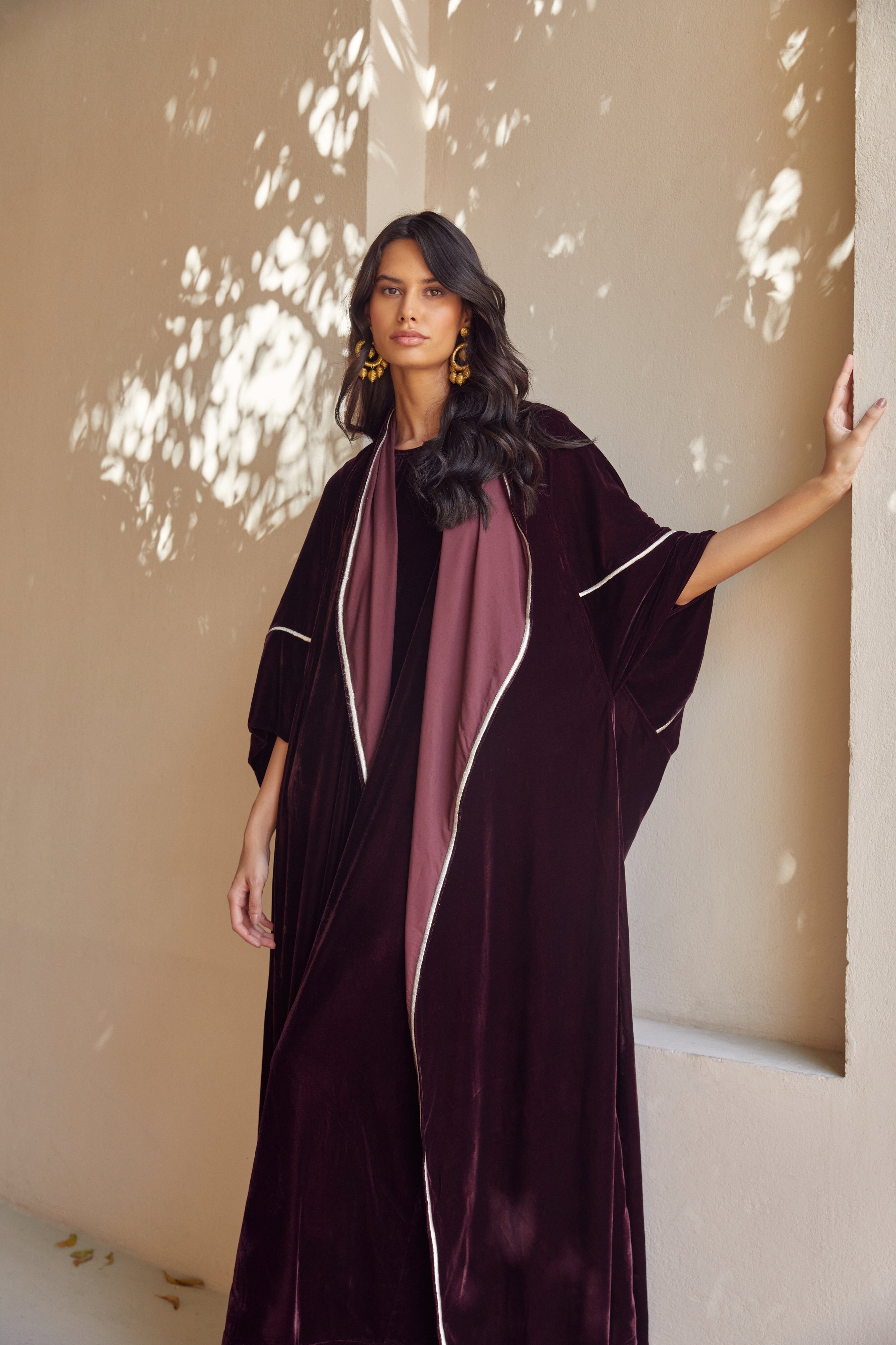 Burgundy Velvet Poncho with Gold Thread Embroidery
