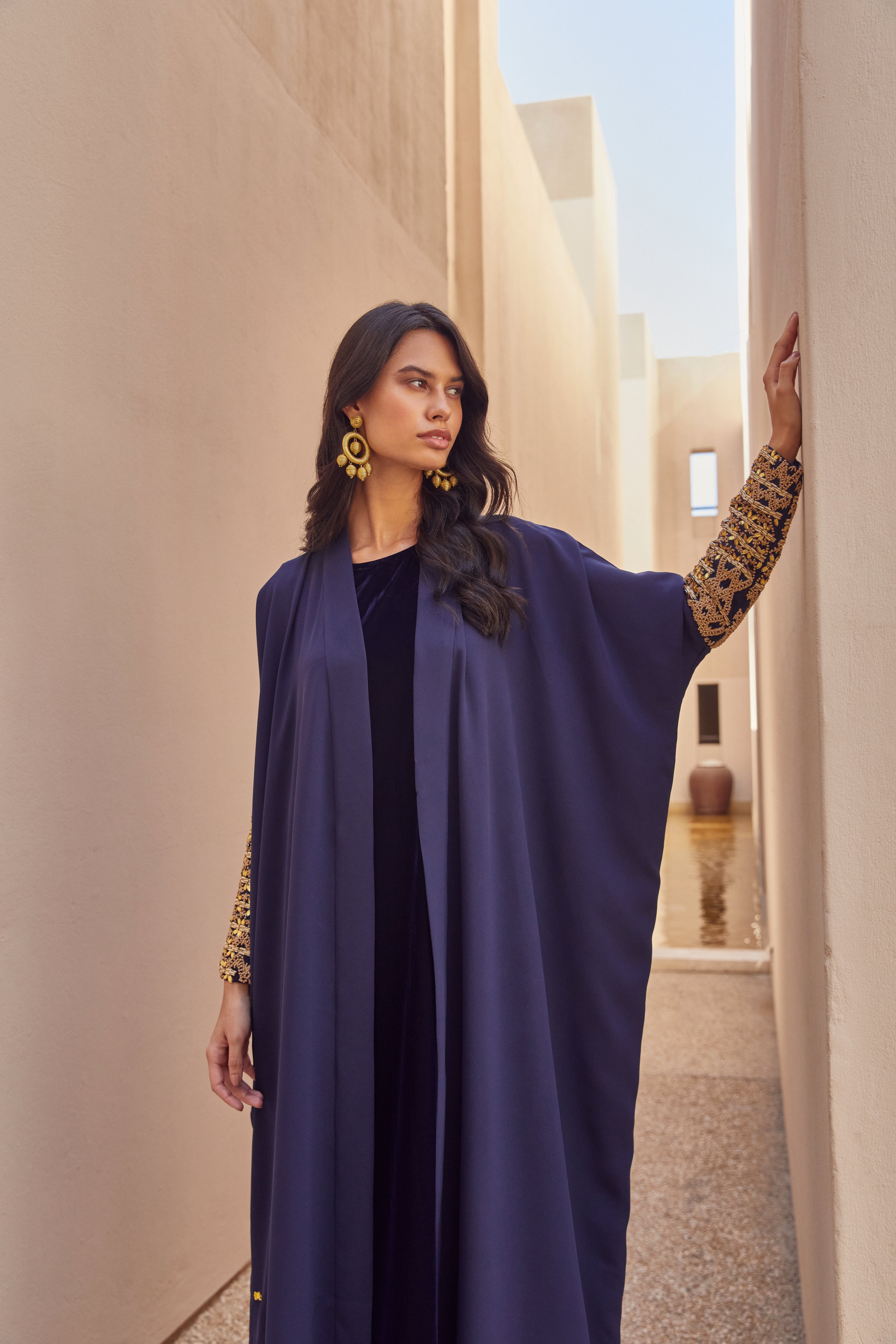 Navy Crepe with Gold Sleeves Embroidery
