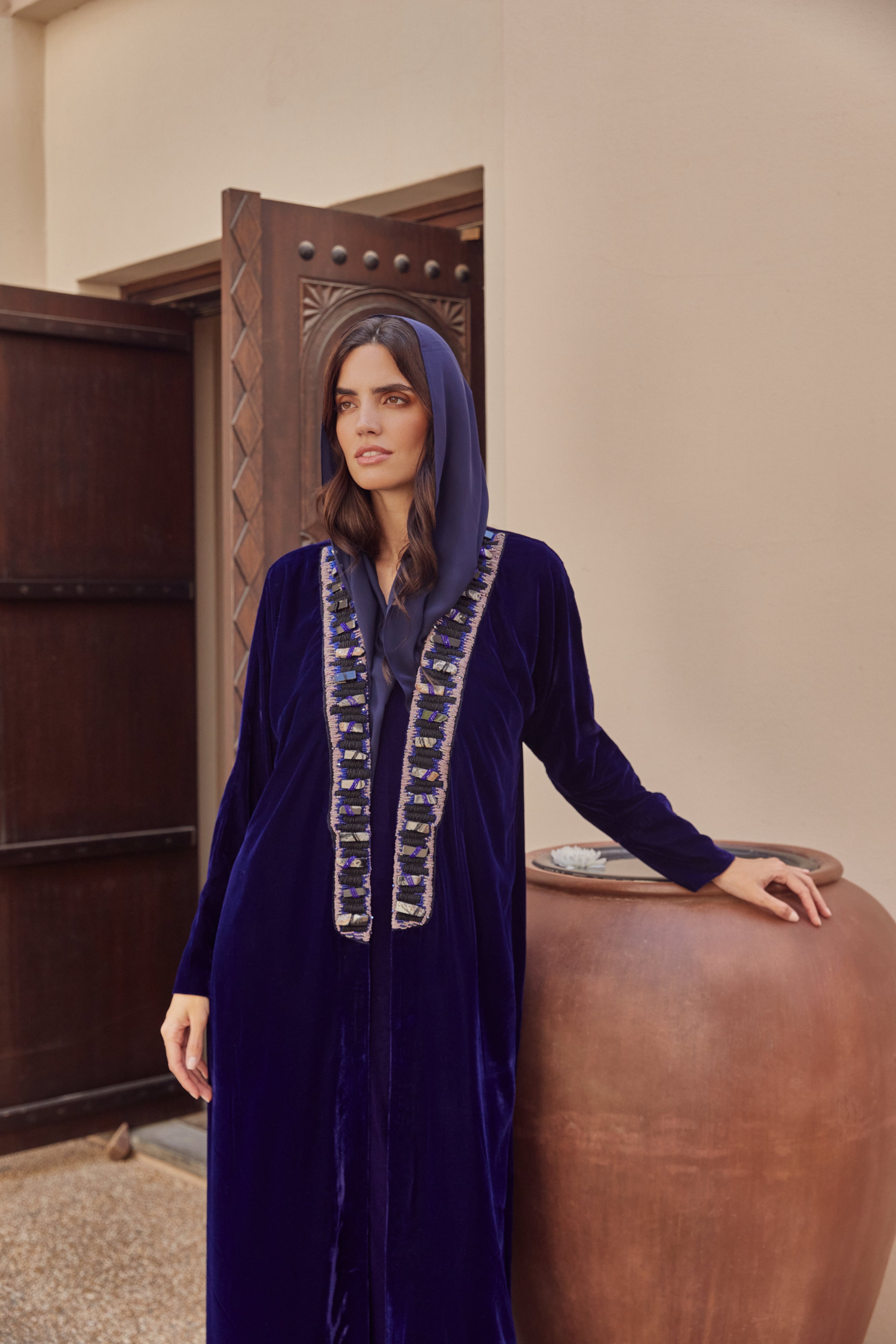 Navy Velvet Meshlah with Stones Embroidery