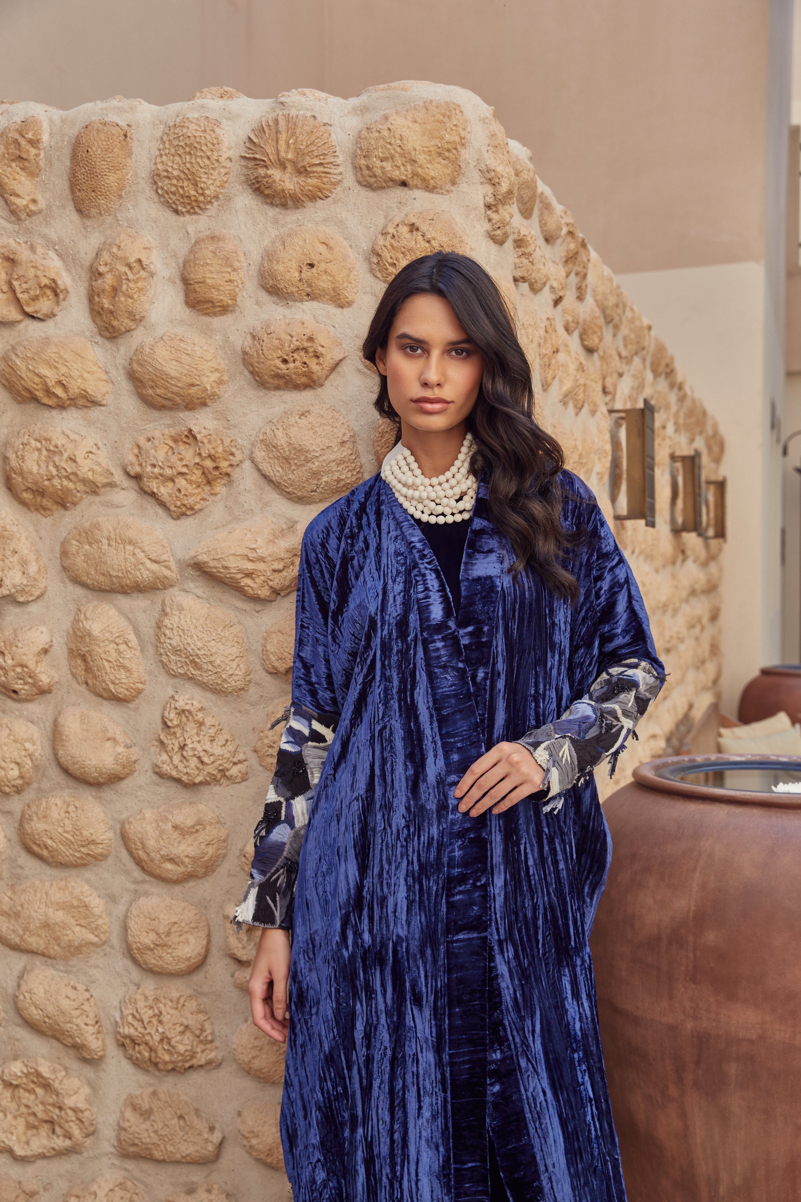 Crinkled Blue Velvet with Embroidered Sleeves