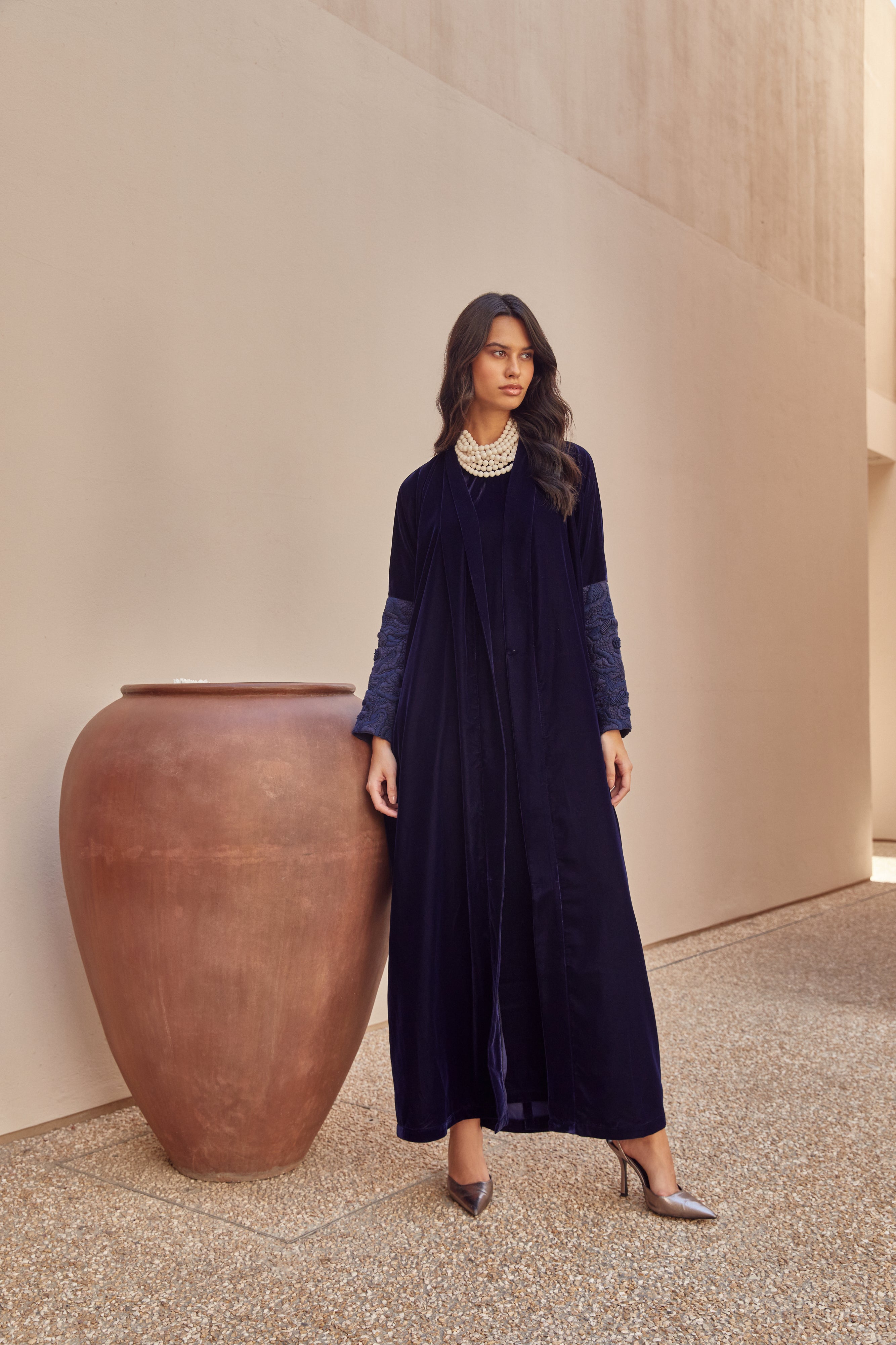 Navy Velvet with Threadwork Sleeves
