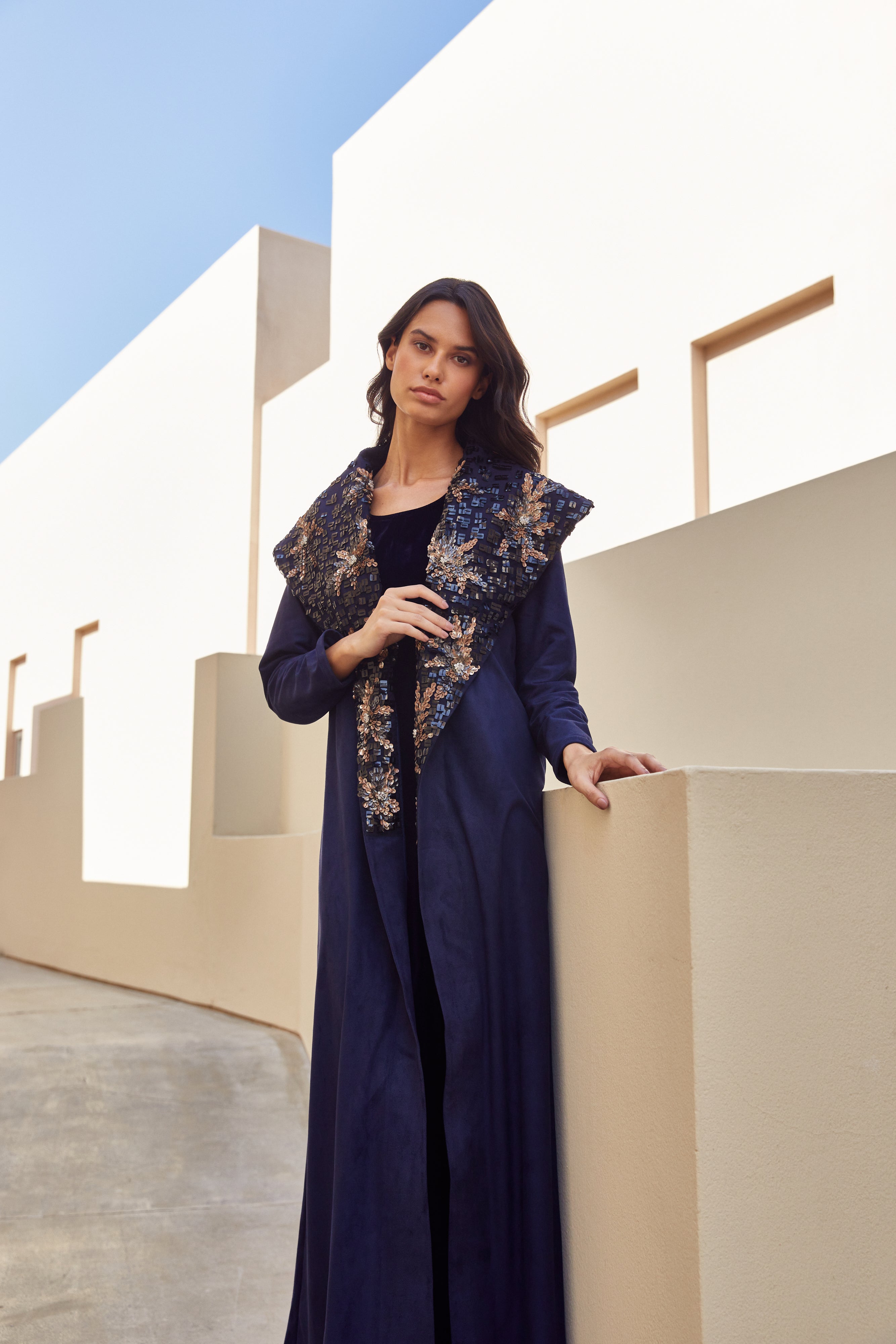 Suede Navy Coat with Collar Embroidery