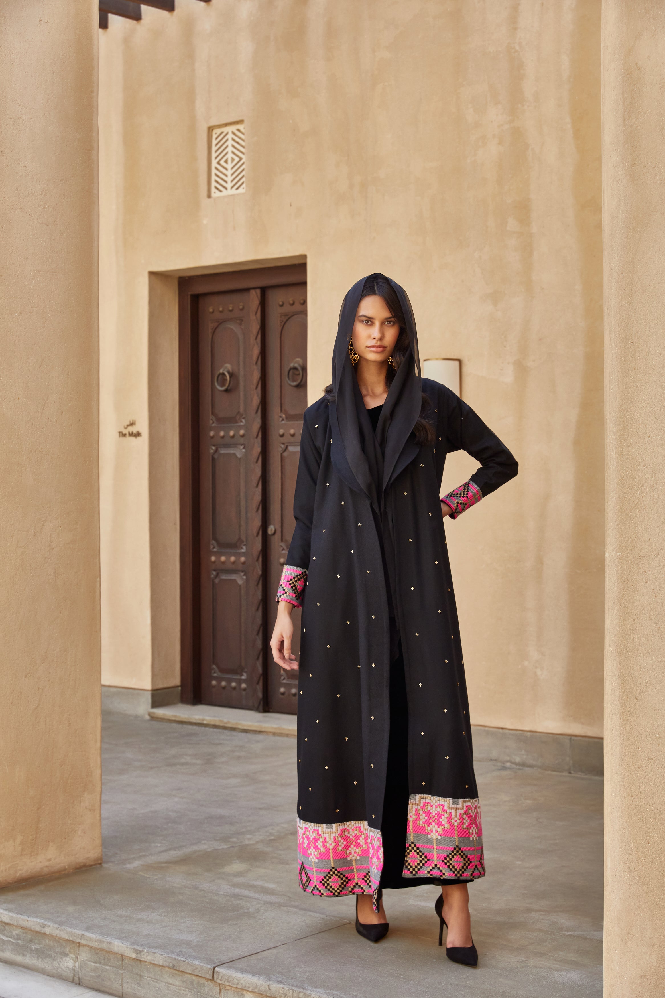 T-Length Black and Fuschia Wool Abaya