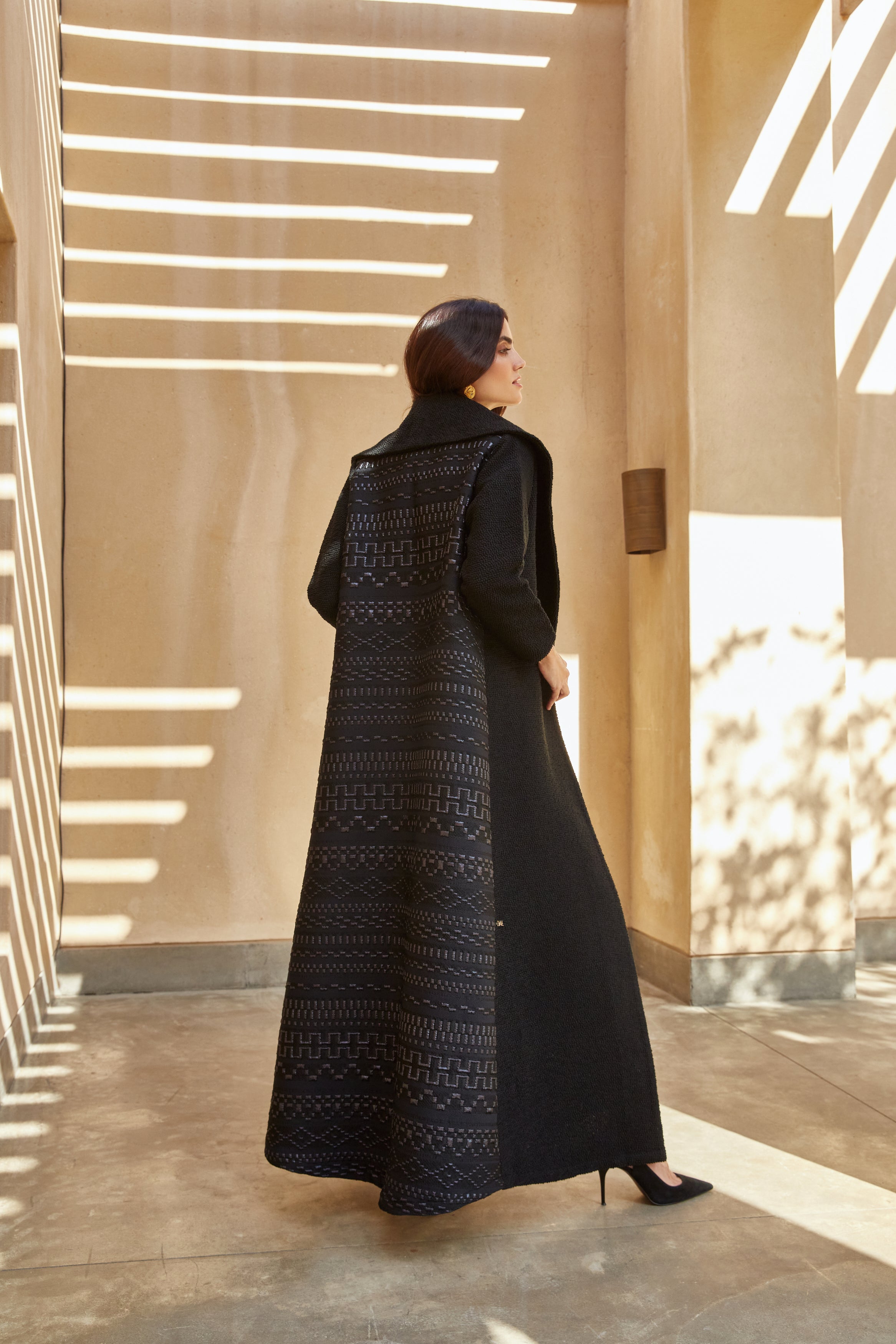 Black Wool Coat with Embroidery and Organza Panel