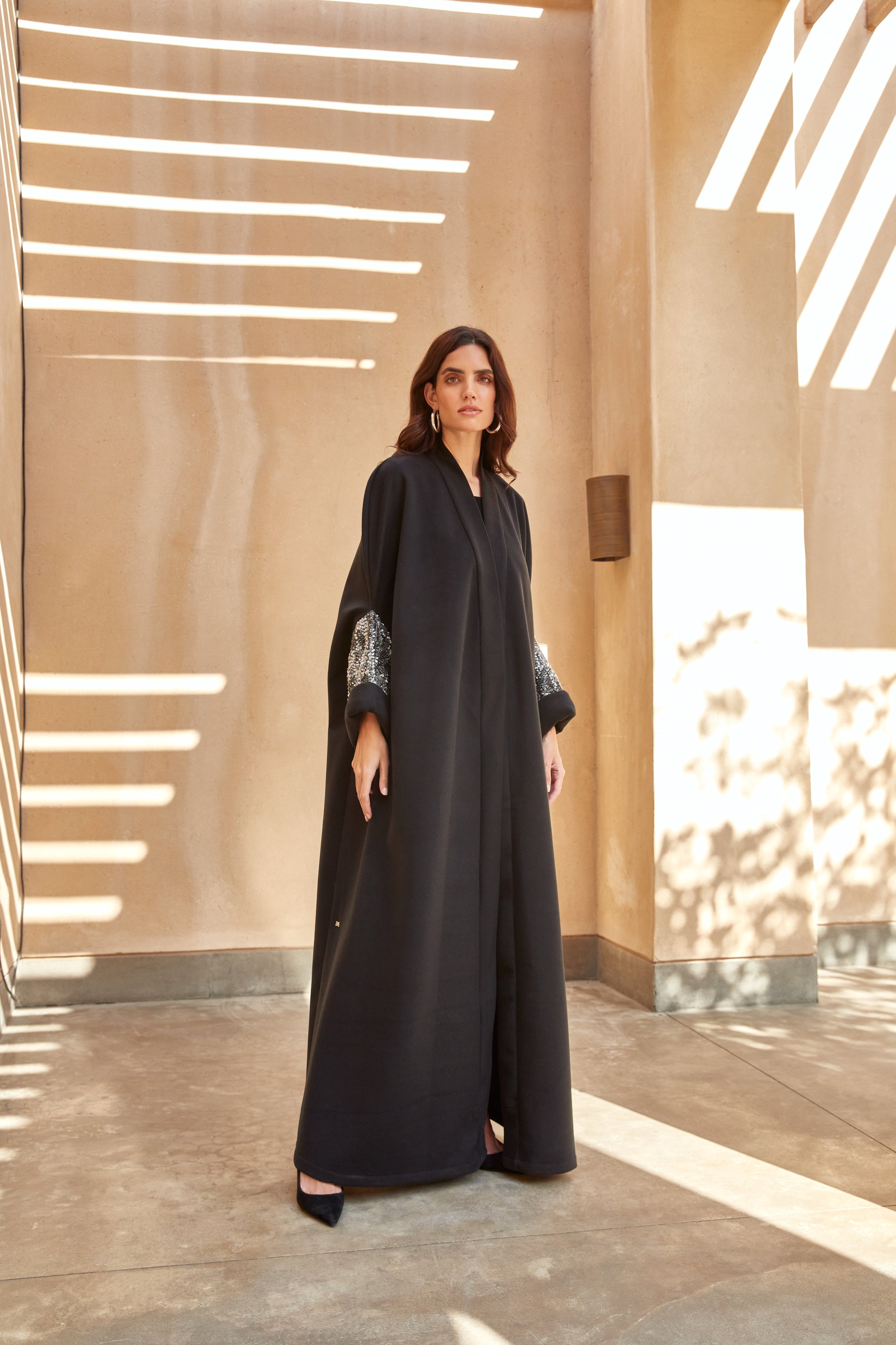 Black Wool Cape with Matte Sequin Sleeves