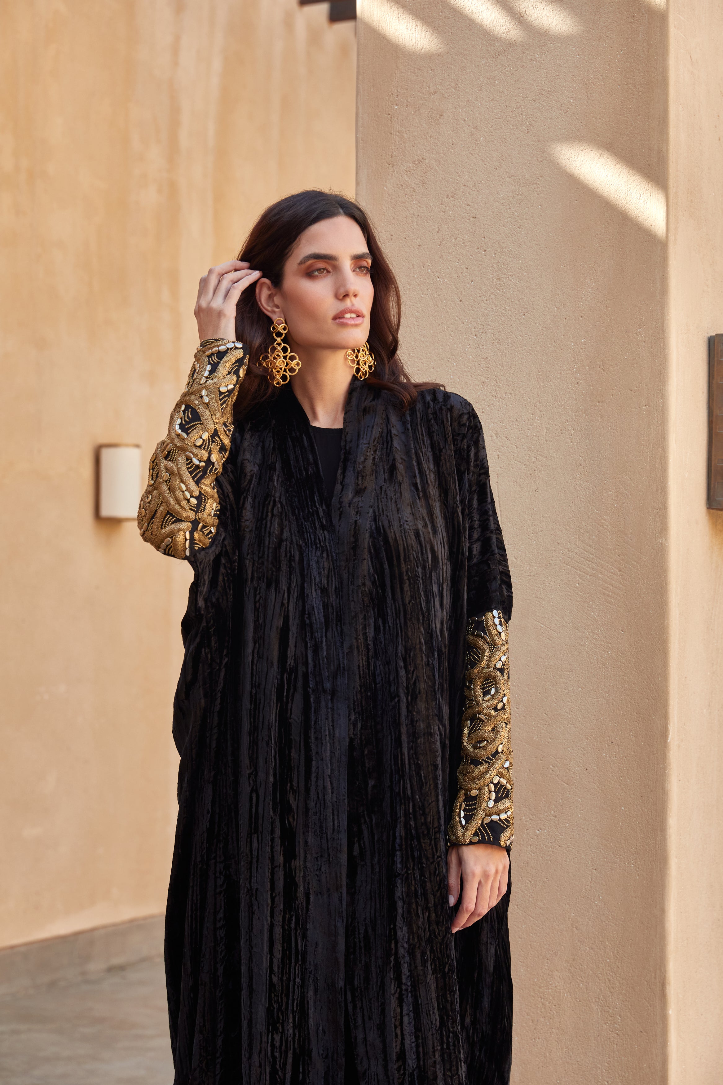 Black Crinkled Velvet Abaya with Gold Chain Sleeves