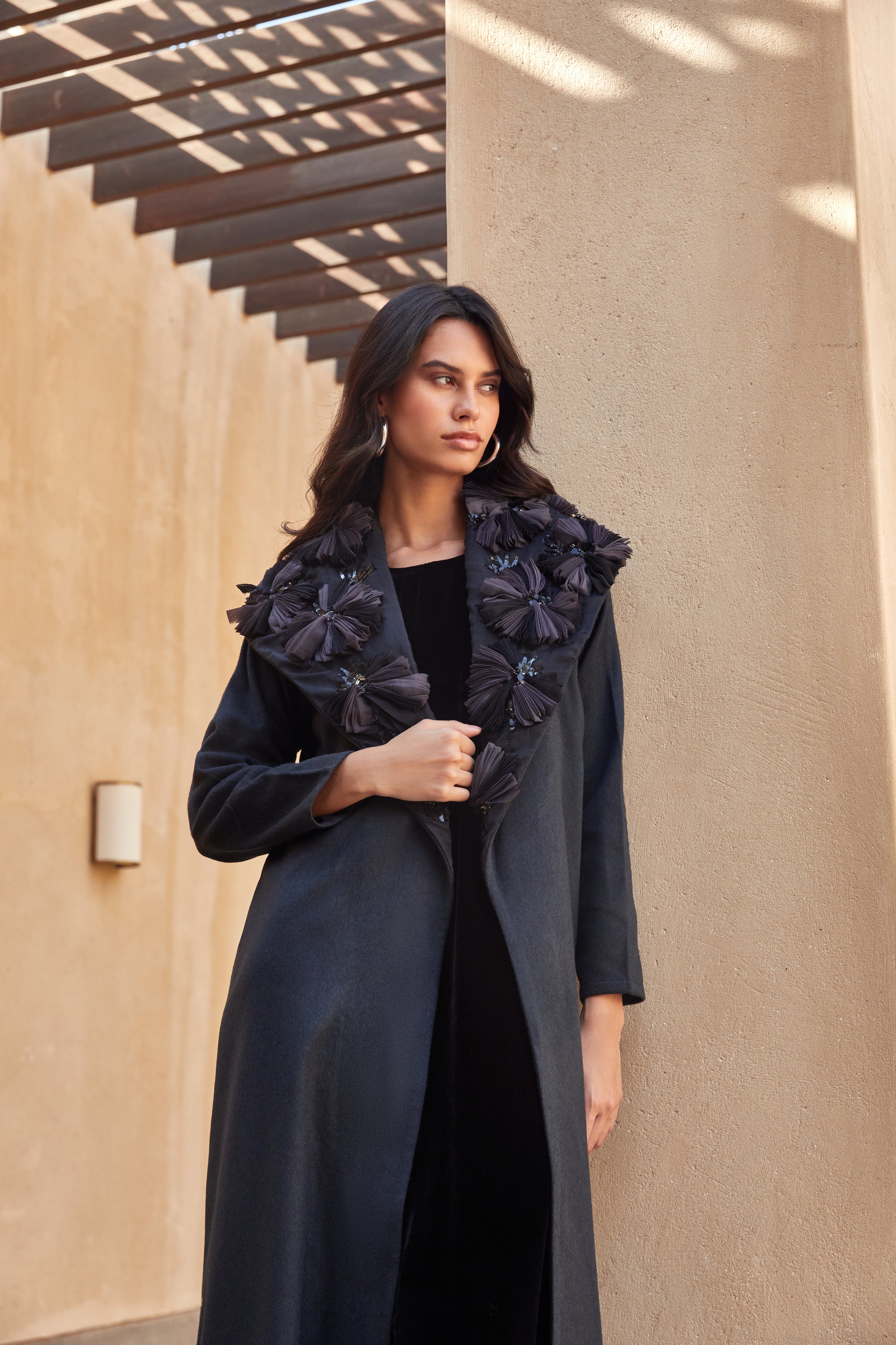 Black Wool Coat with Floral Embroidery Collar