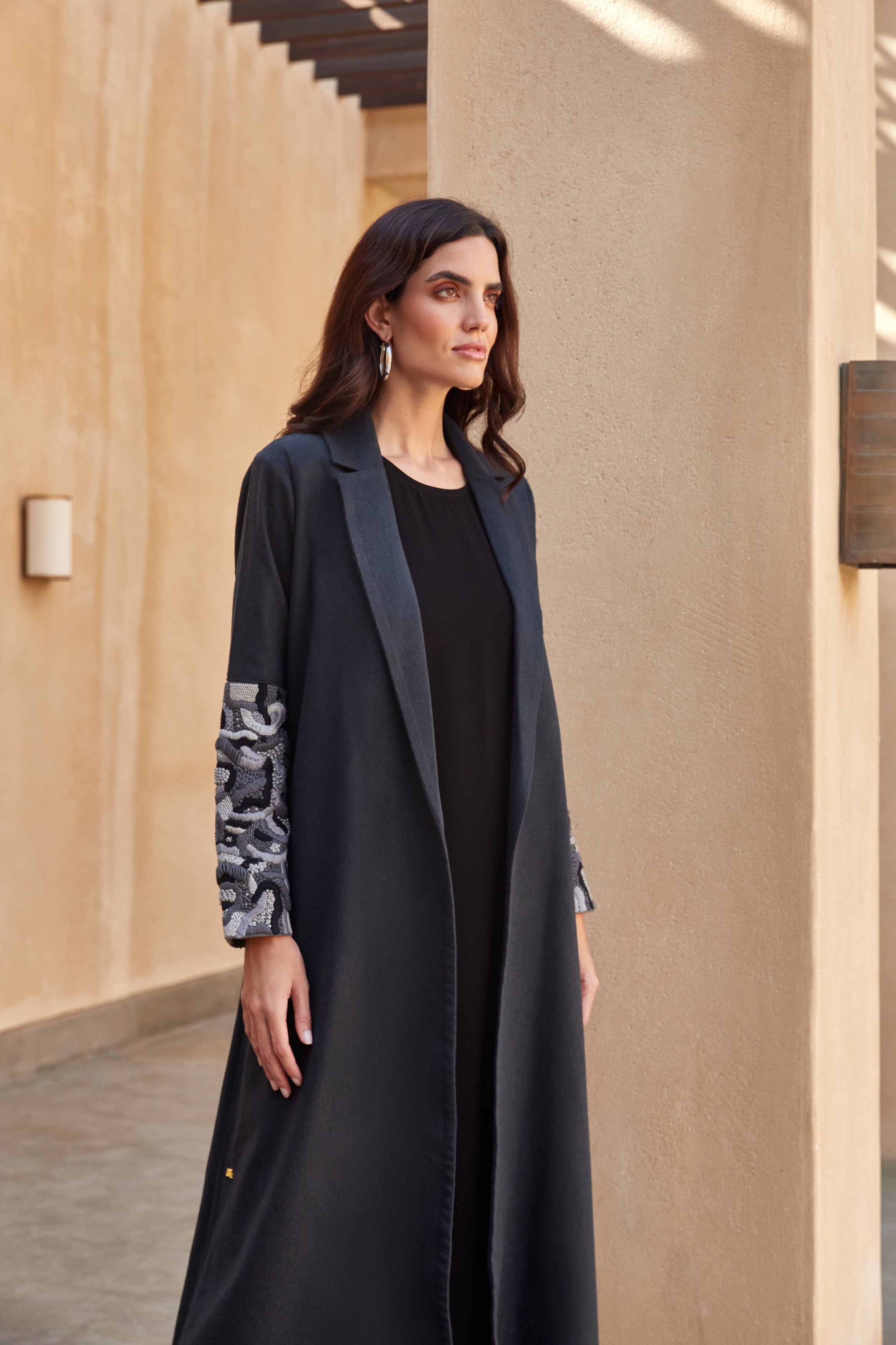Black Wool Coat with Gray Threadwork Sleeves