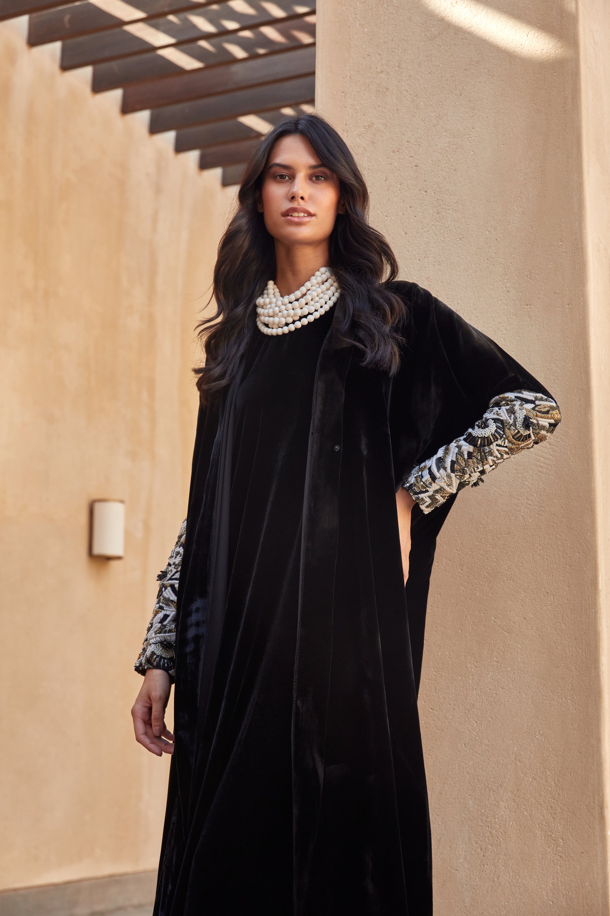 Black Velvet with Metallic Beaded Sleeves Abaya