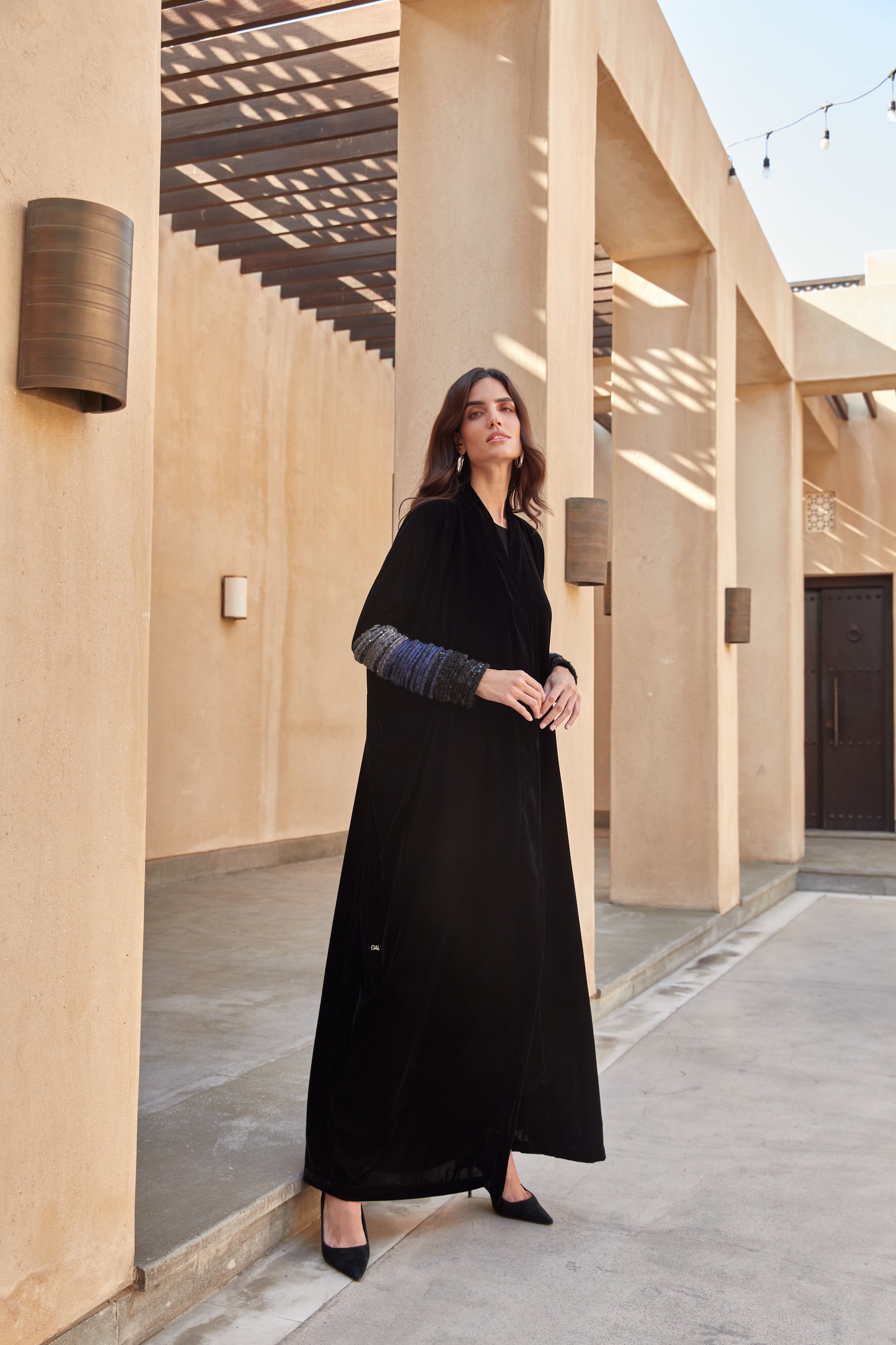 Black Velvet with Gradient Navy Sleeves Embroidery Abaya