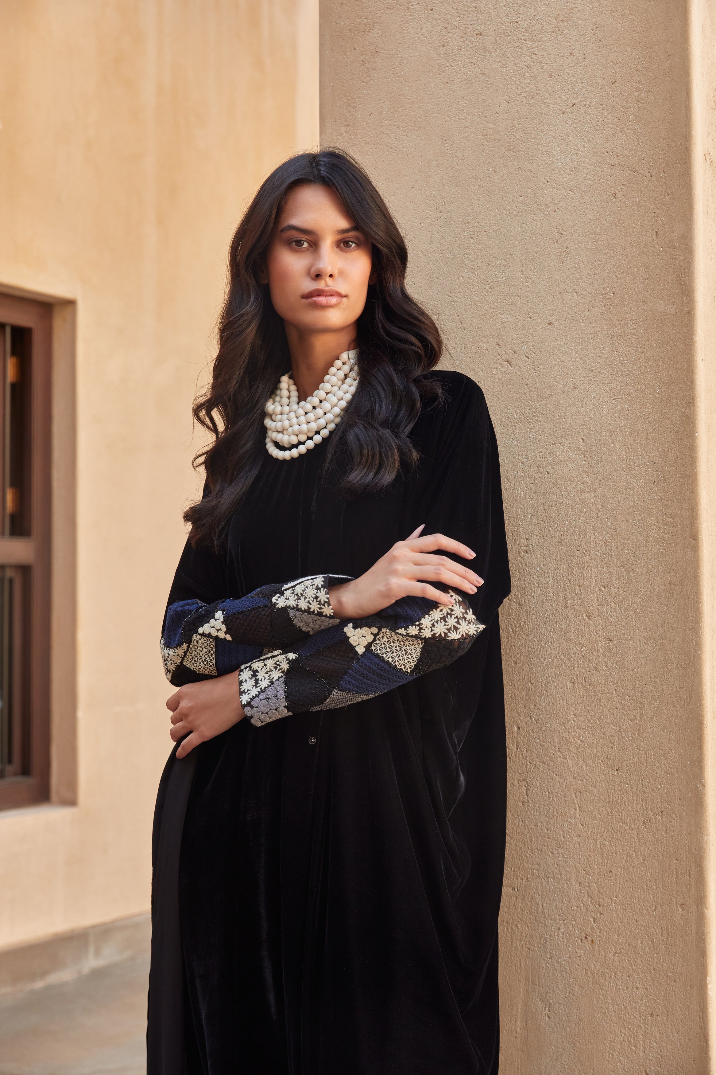 Black Velvet Abaya with Patchwork Embroidery Sleeves