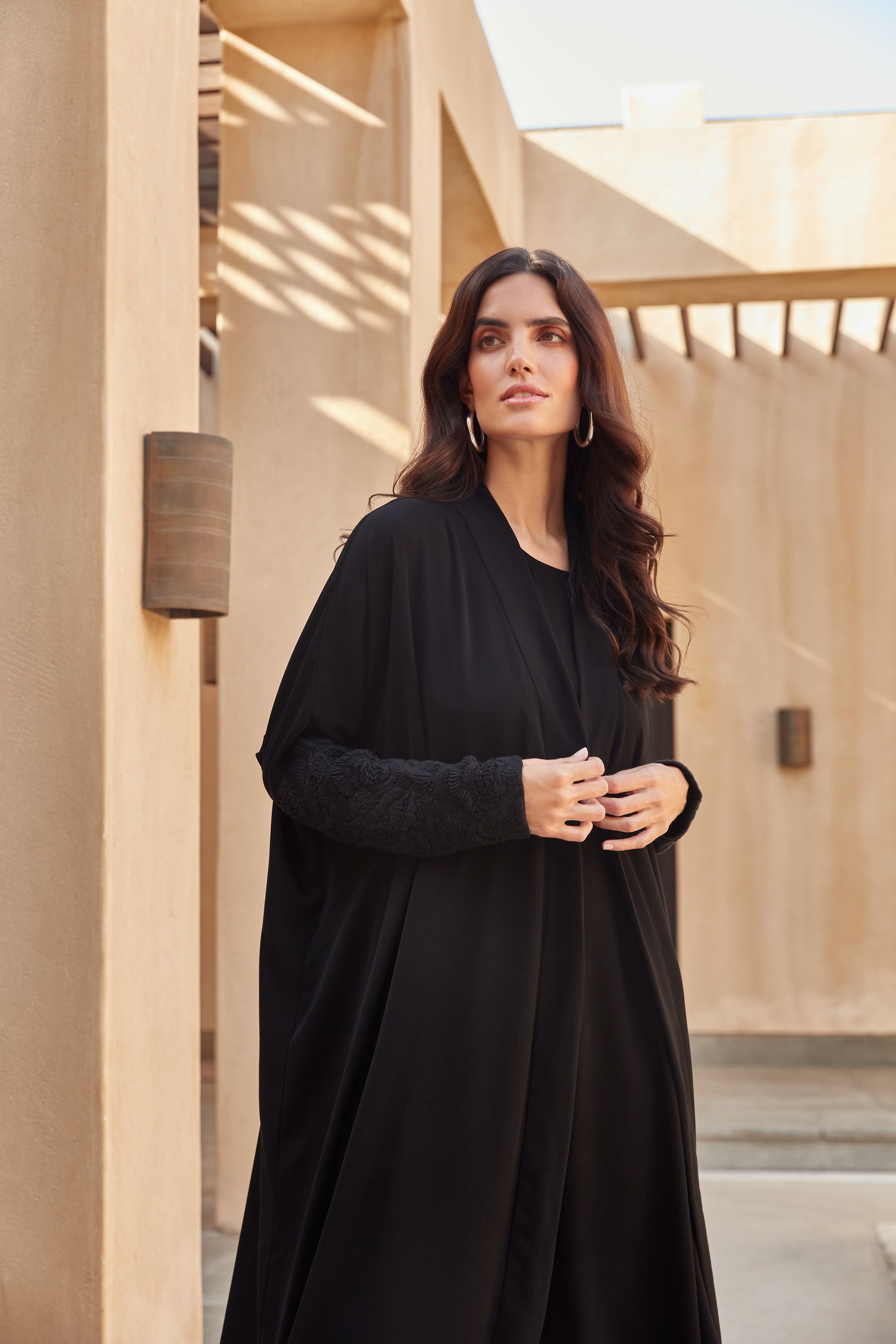 Black Crepe Abaya with Black Threadwork Sleeves