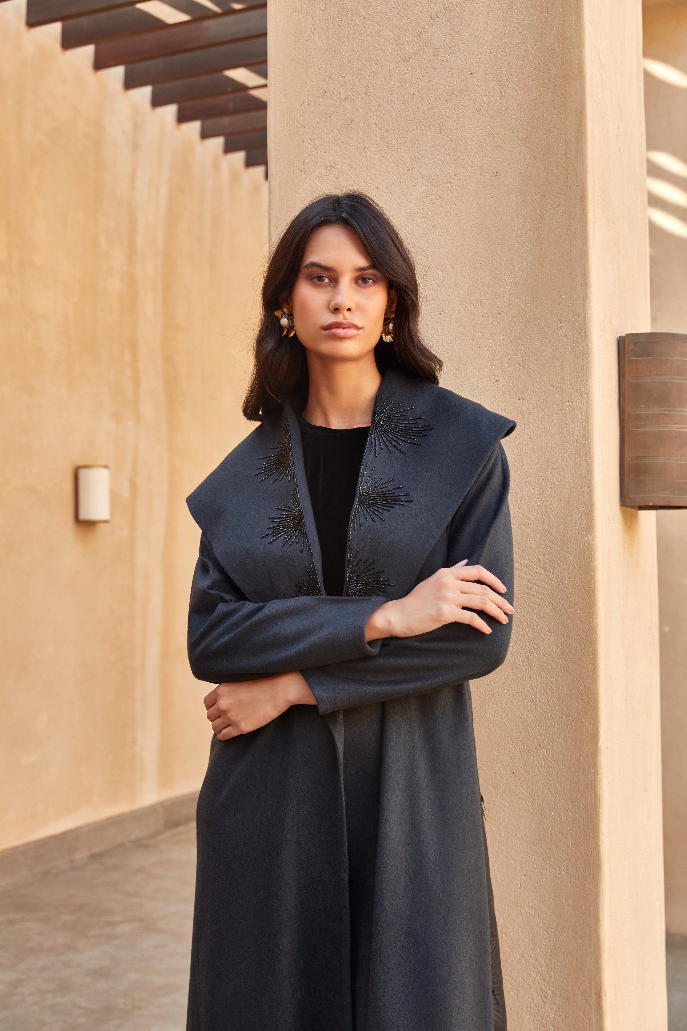 Black Wool Coat Abaya with Embroidery and Organza Panel