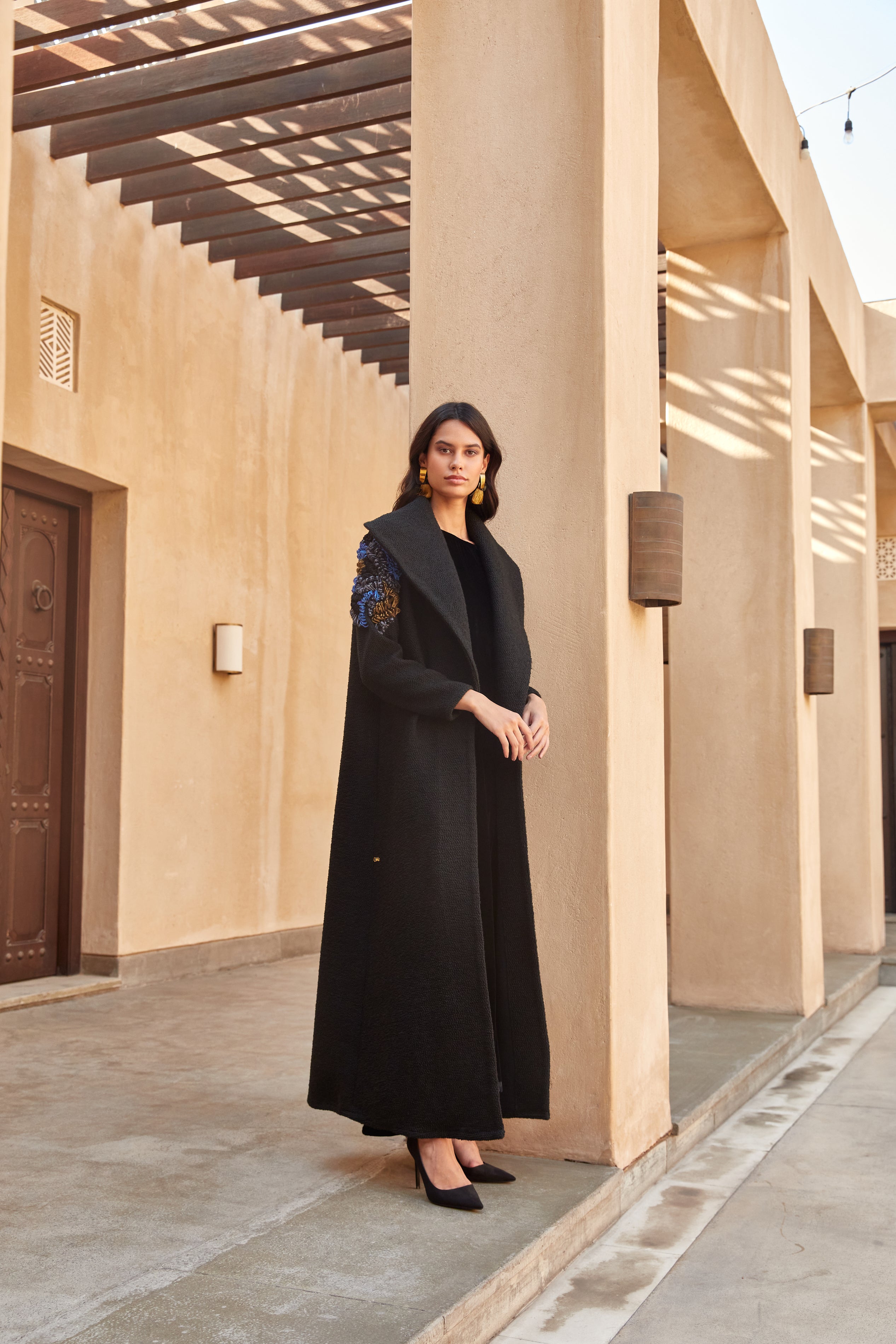 Black Wool Coat with Blue Gold Shoulder Embroidery