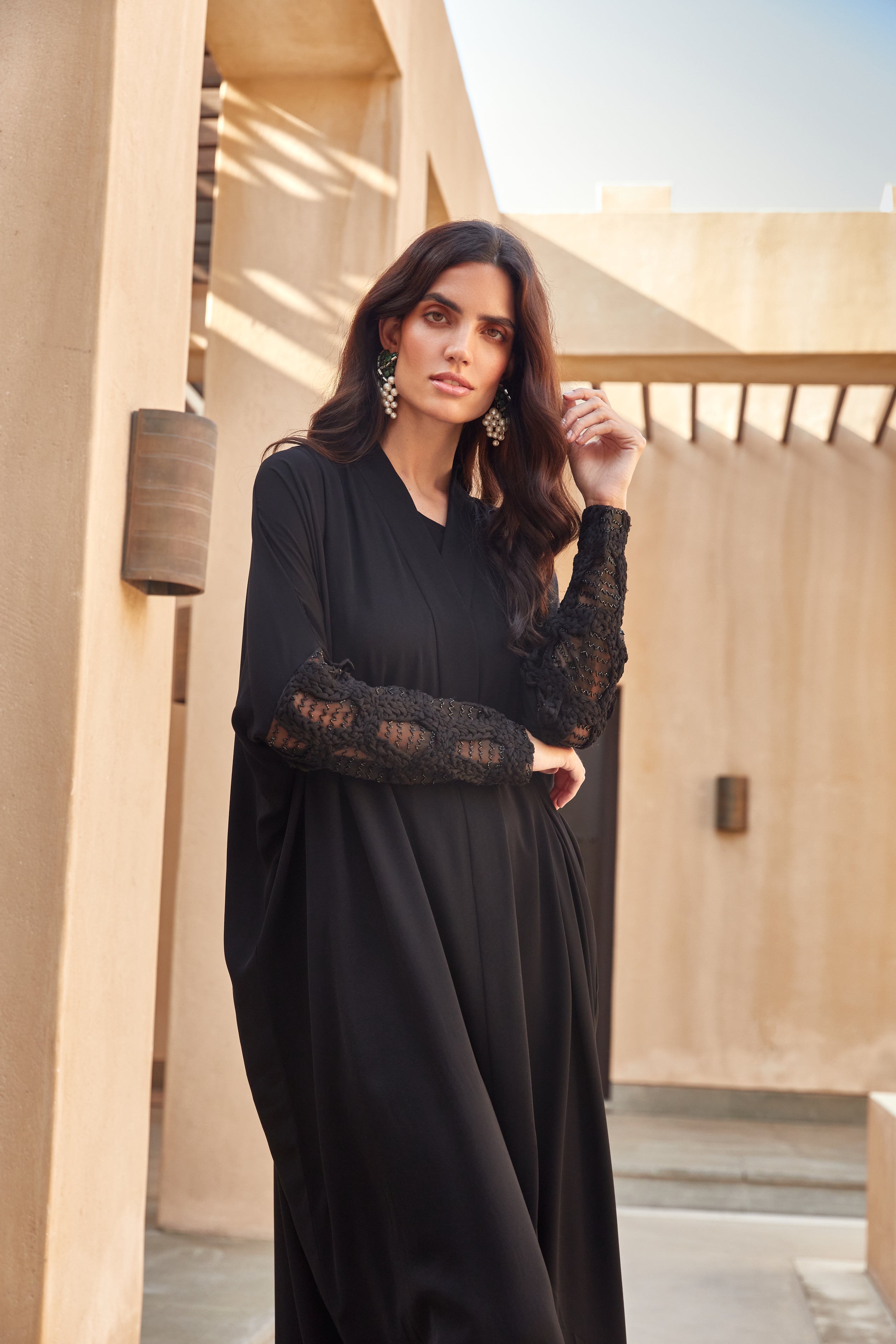 Black Soft Crepe Abaya with Tulle Knotted Sleeves
