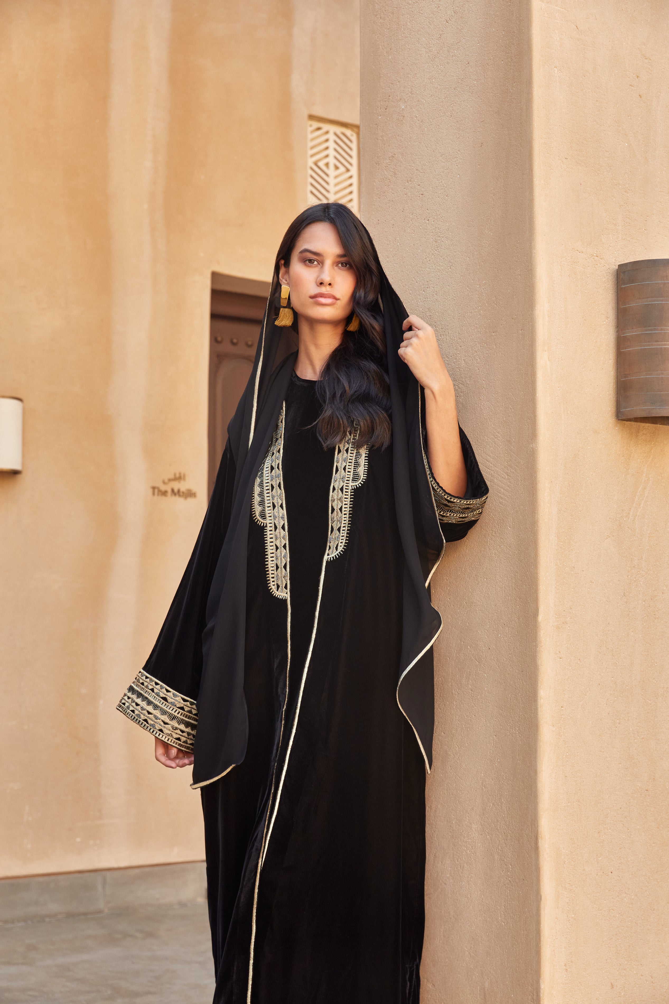 Black Velvet Abaya in Classic Meshlah Embroidery