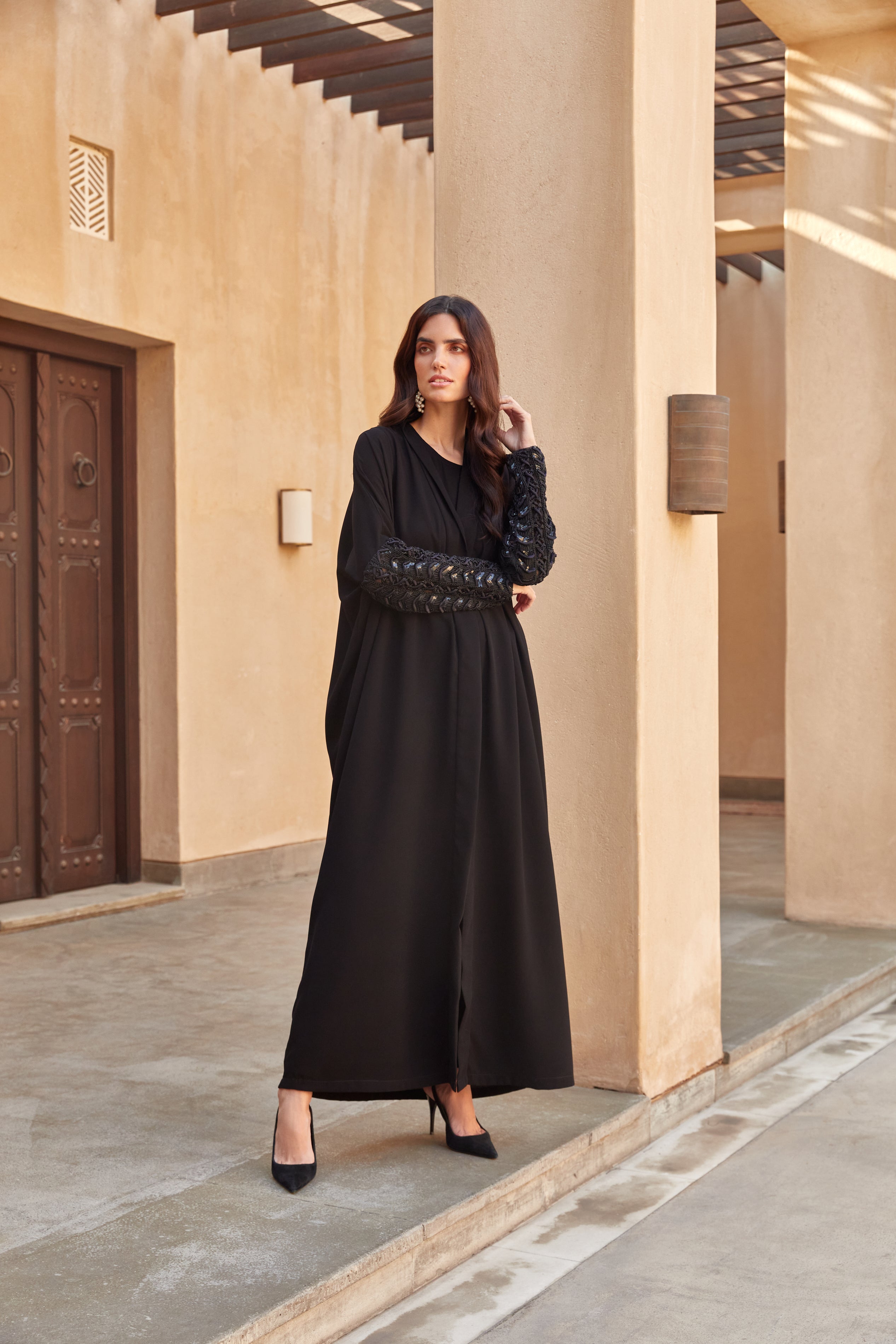 Black Crepe Abaya with Chevron Embroidered Sleeves