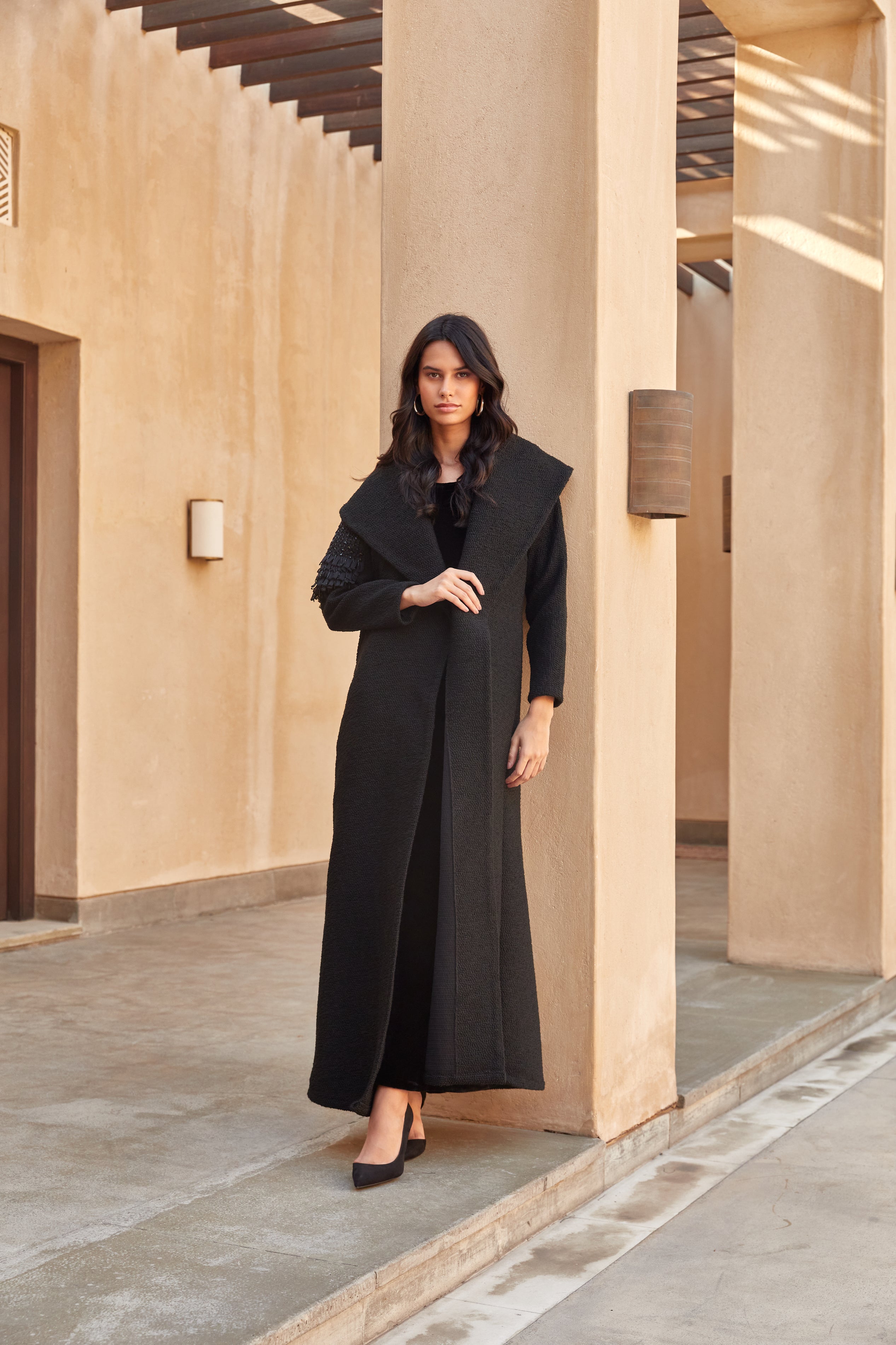 Black Wool Coat Abaya with Black Shoulder Embroidery