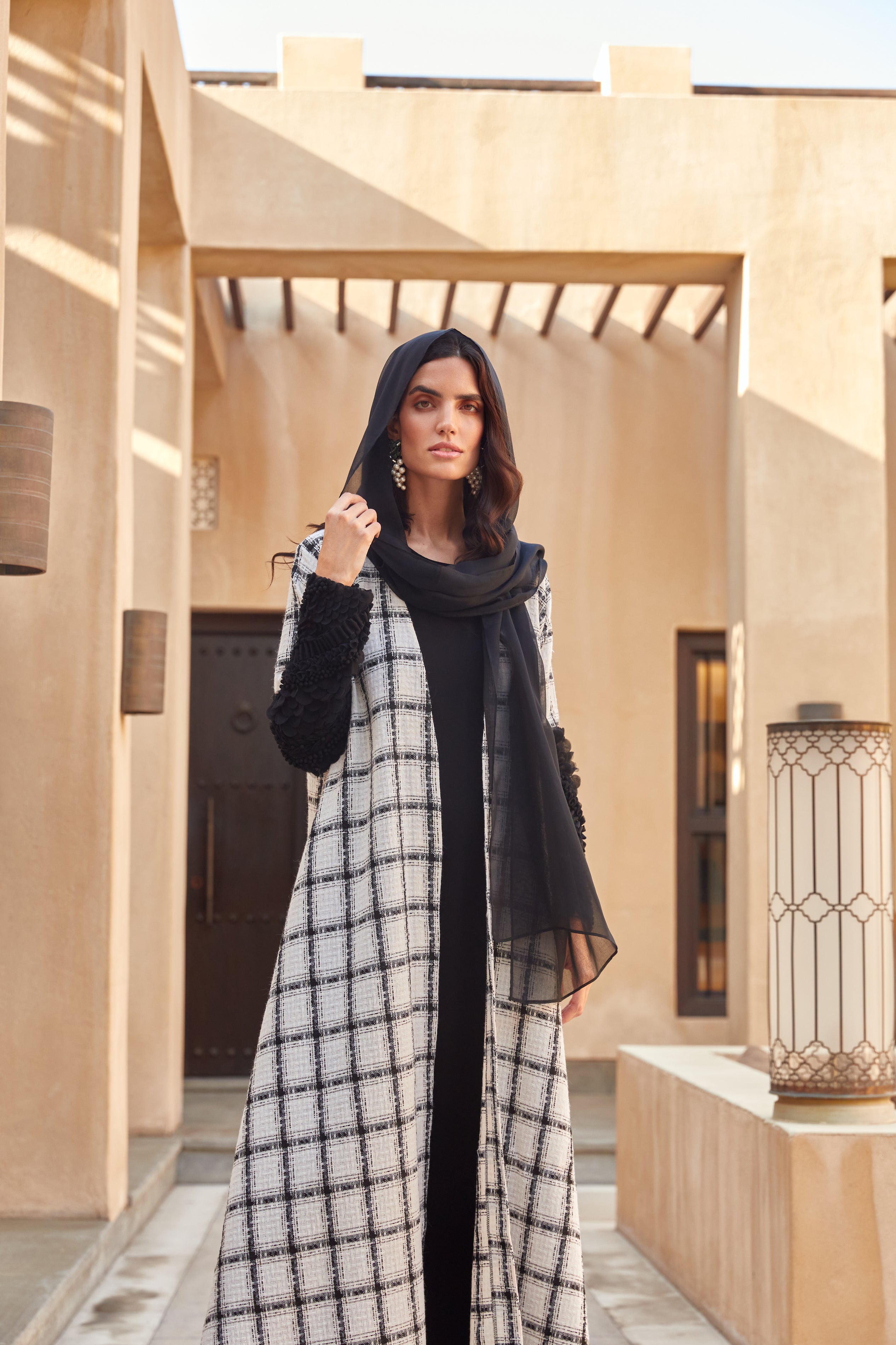 Black/White Plaid Abaya with 3D Tulle Embroidered Sleeves
