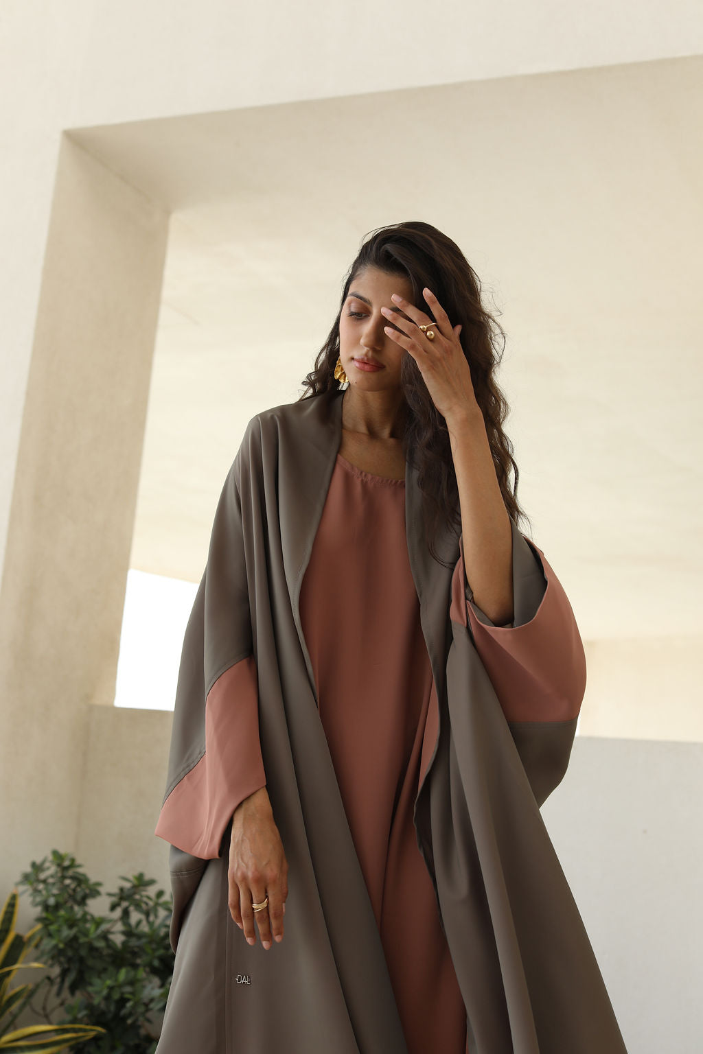 Taupe Coral Double Face Crepe Poncho