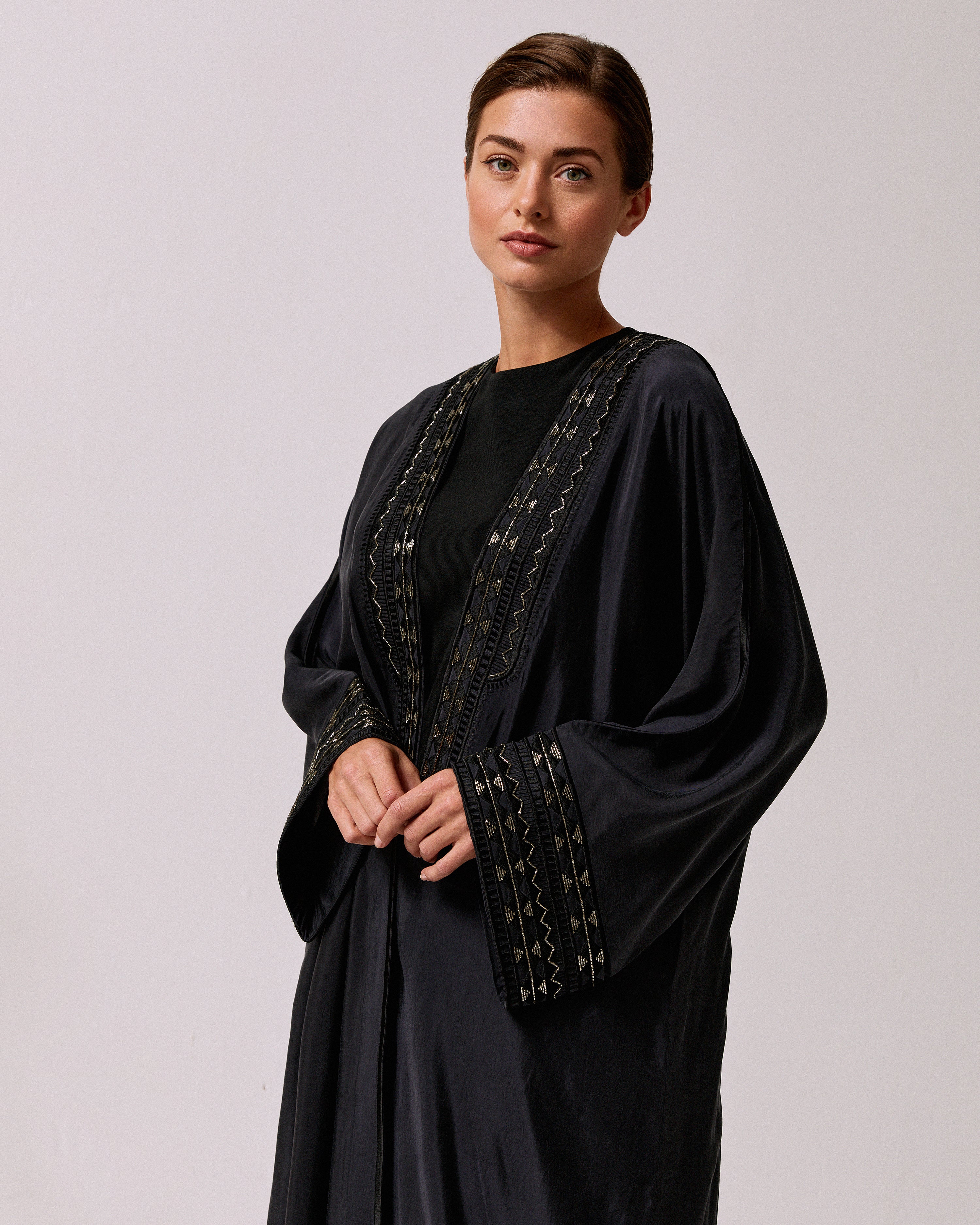 Black Washed Silk Abaya with Hand Embroidery