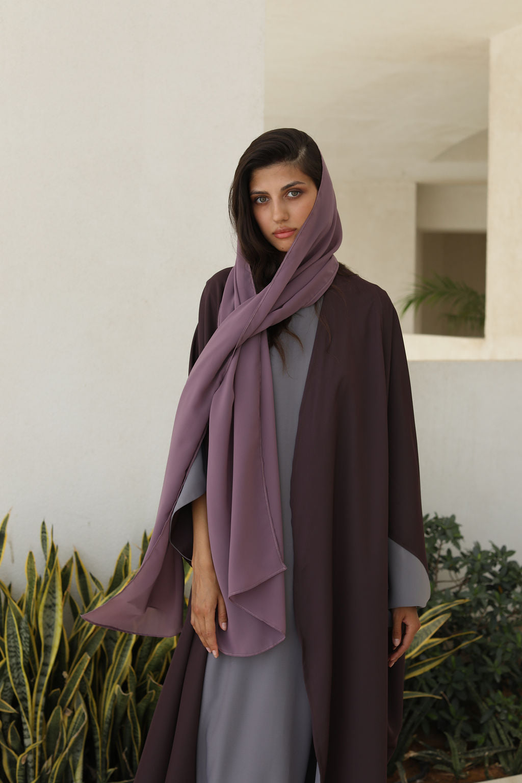 Aubergine Lilac Double Face Crepe Poncho