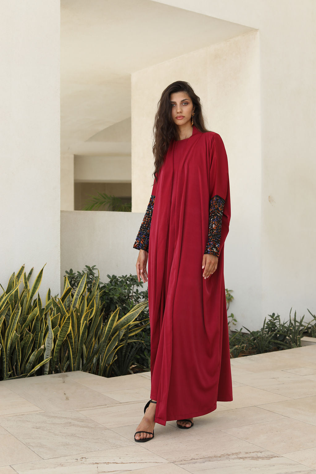 Red Crepe Embroidered Sleeve Abaya