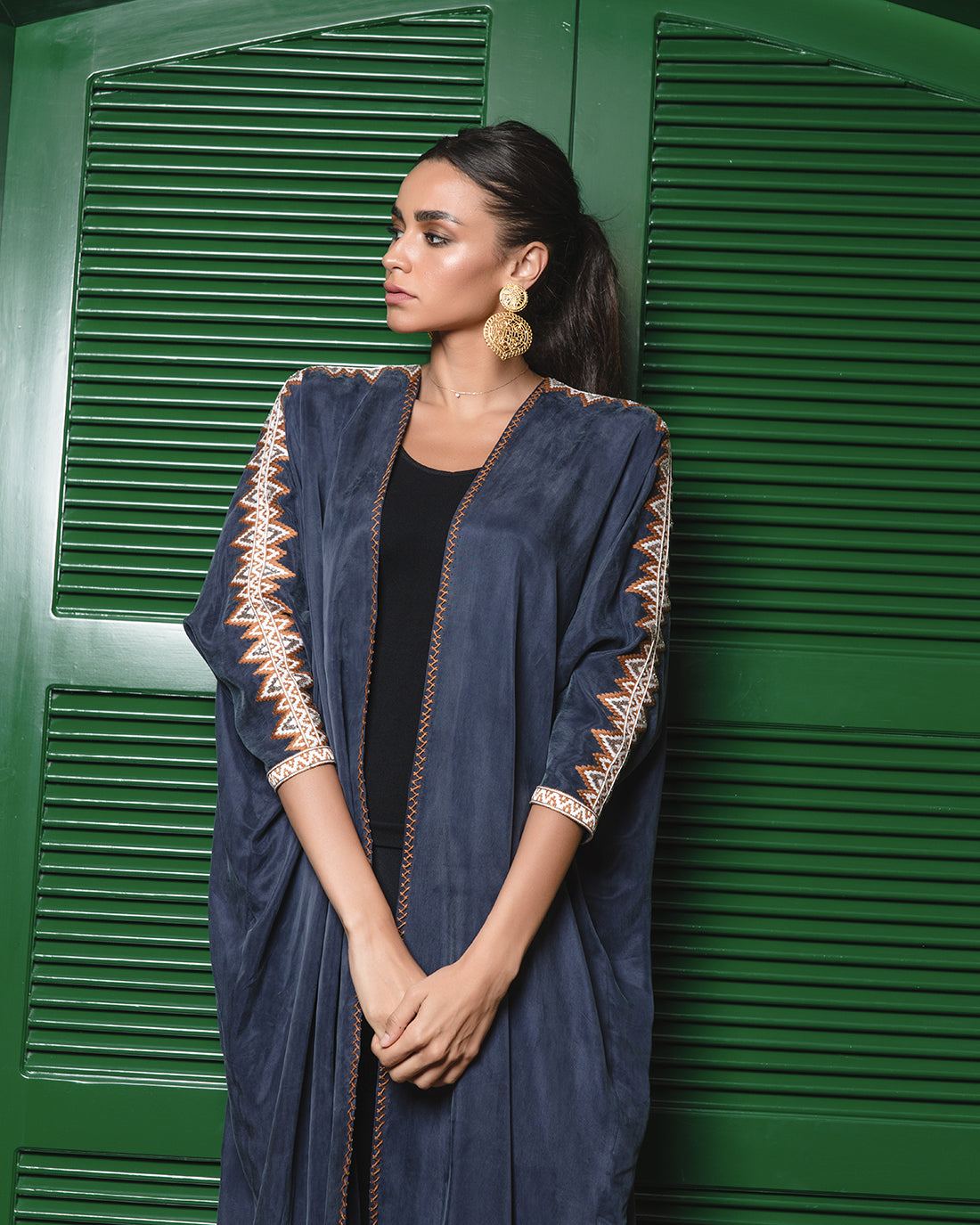 Navy Washed Silk with Hand Embroidery Abaya