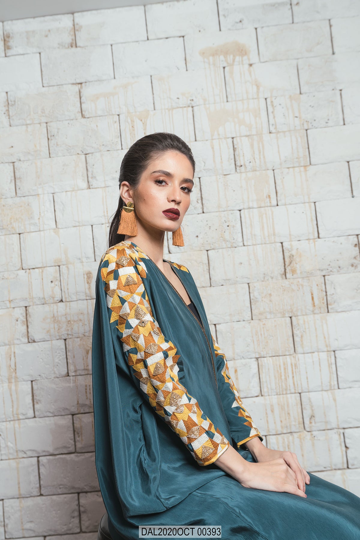 Green Washed Silk with Hand Spike Embroidery