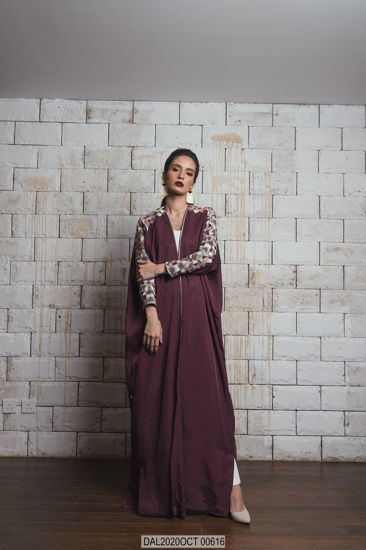 Burgundy Washed Silk with Hand Spike Embroidery Abaya