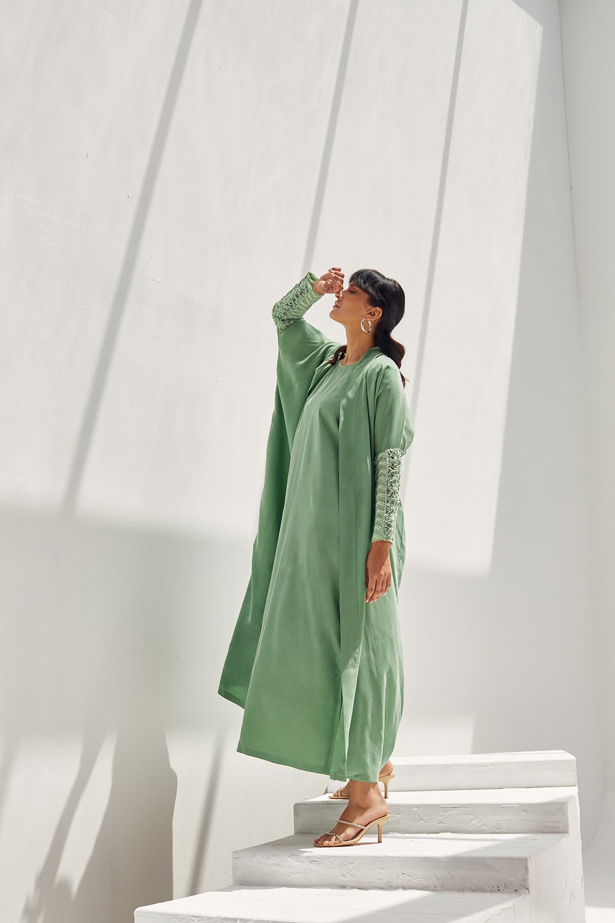 Apple Green Washed Silk with Embroidered Sleeves