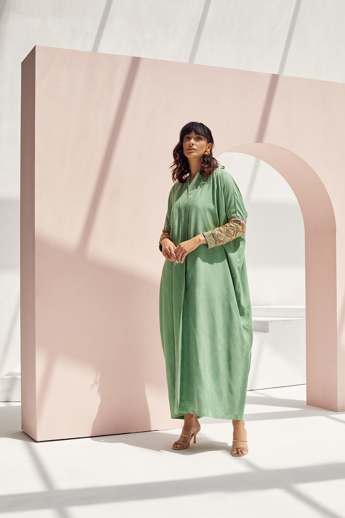 Apple Green Washed Silk with Gold Embroidered Sleeves