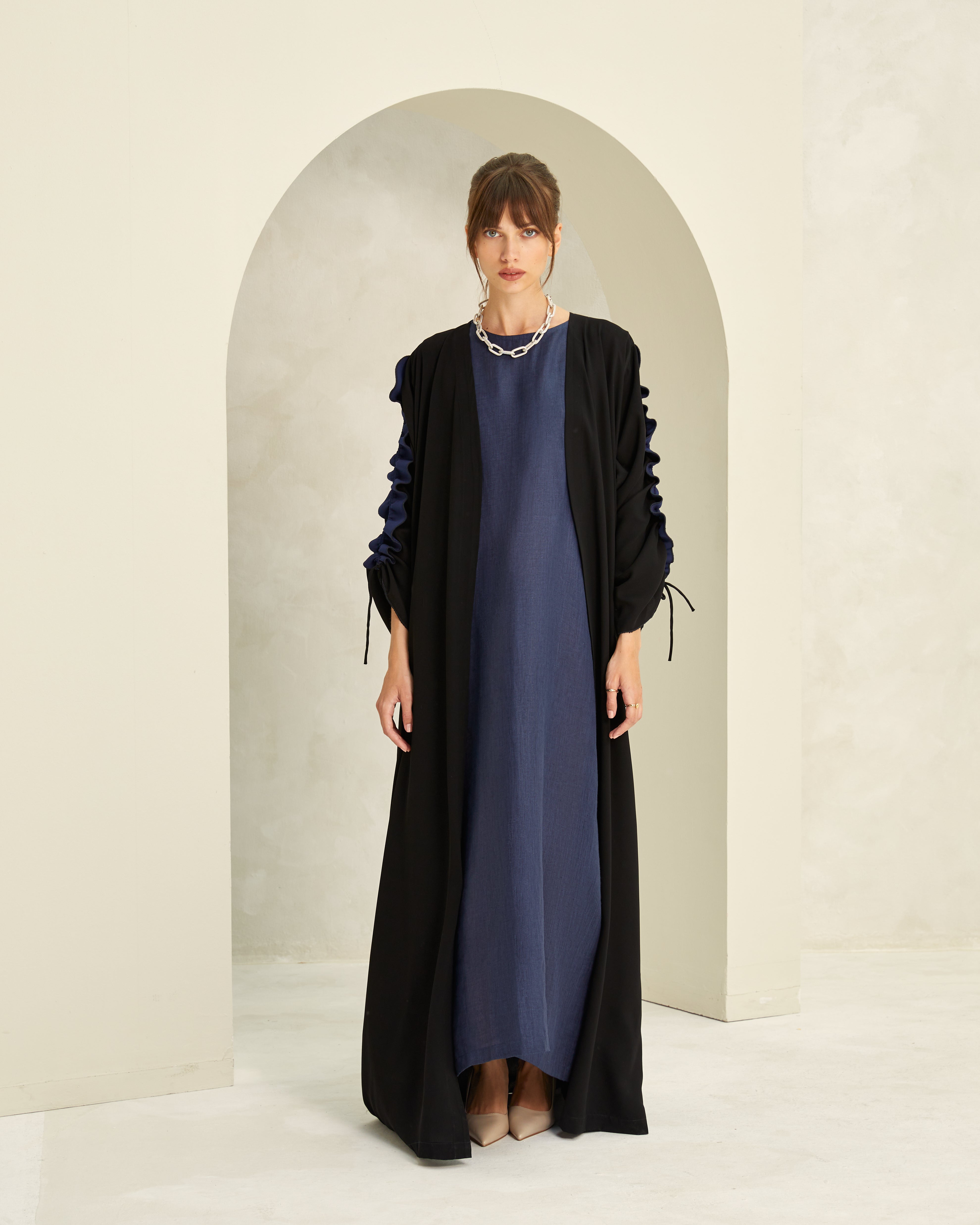 Black Crepe with Ruffled Drawstring Sleeves Abaya