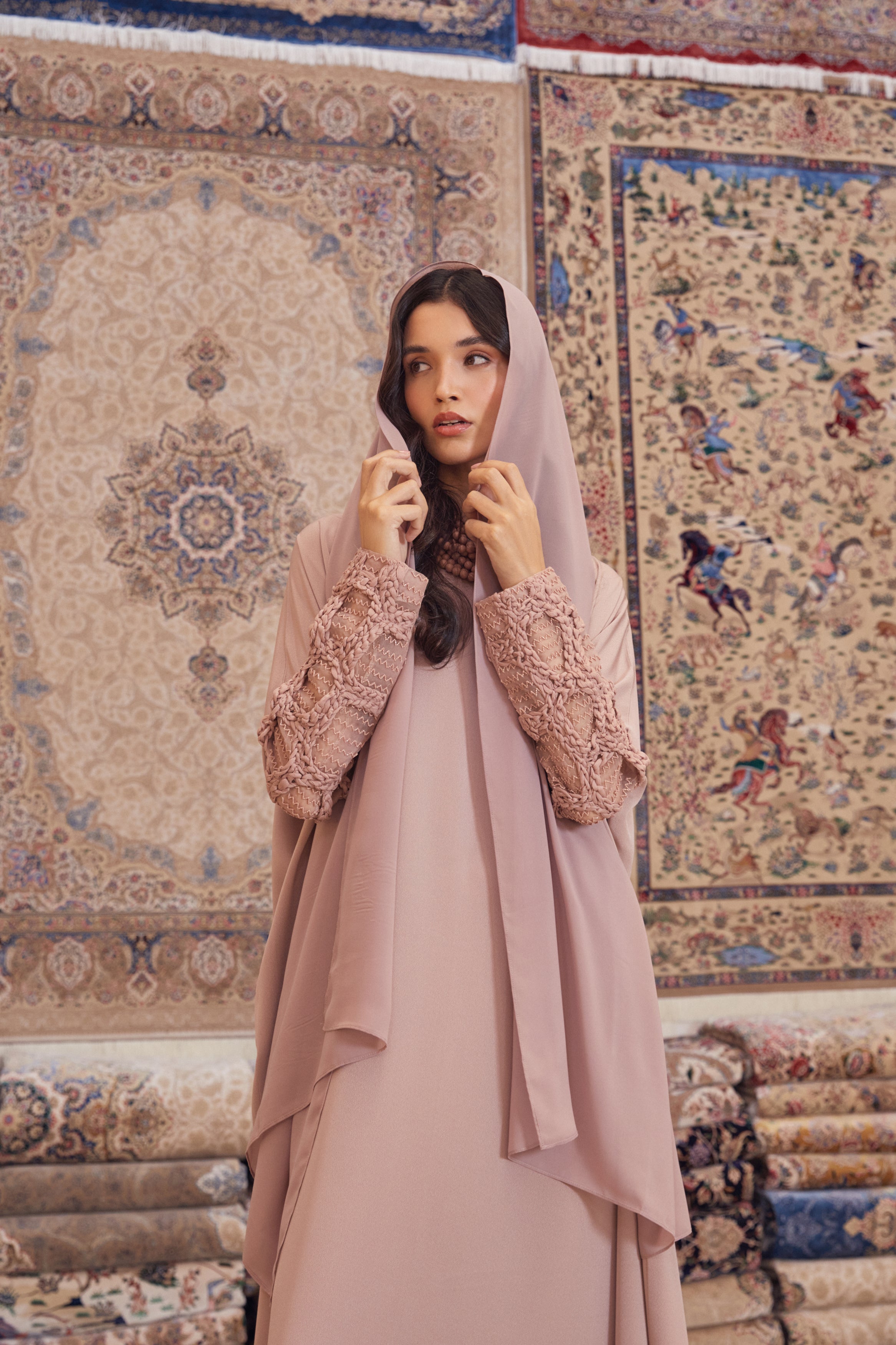 Dusty Rose Crepe Abaya with Tulle Knotted Sleeves