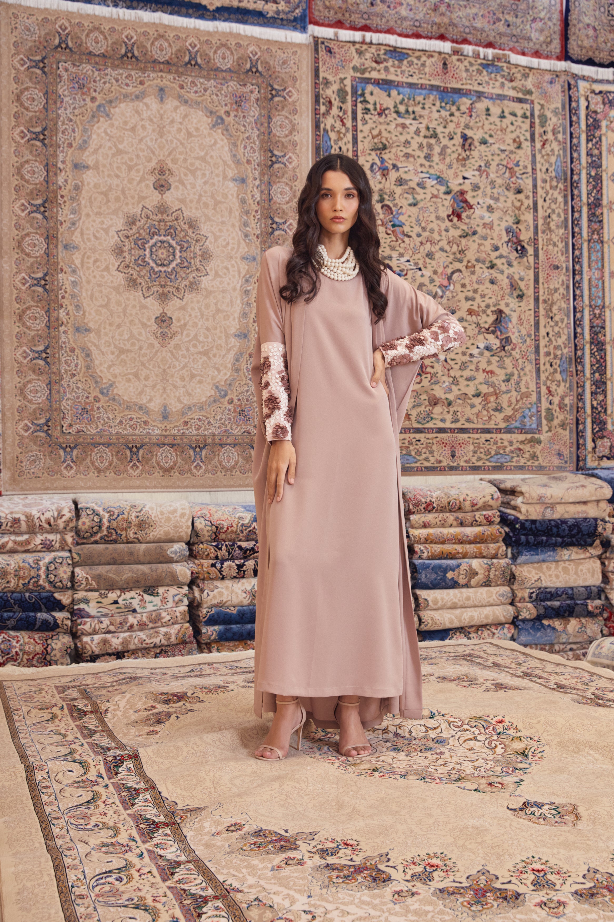 Dusty Rose Crepe Abaya with Pebbled Matte Sequins Sleeve