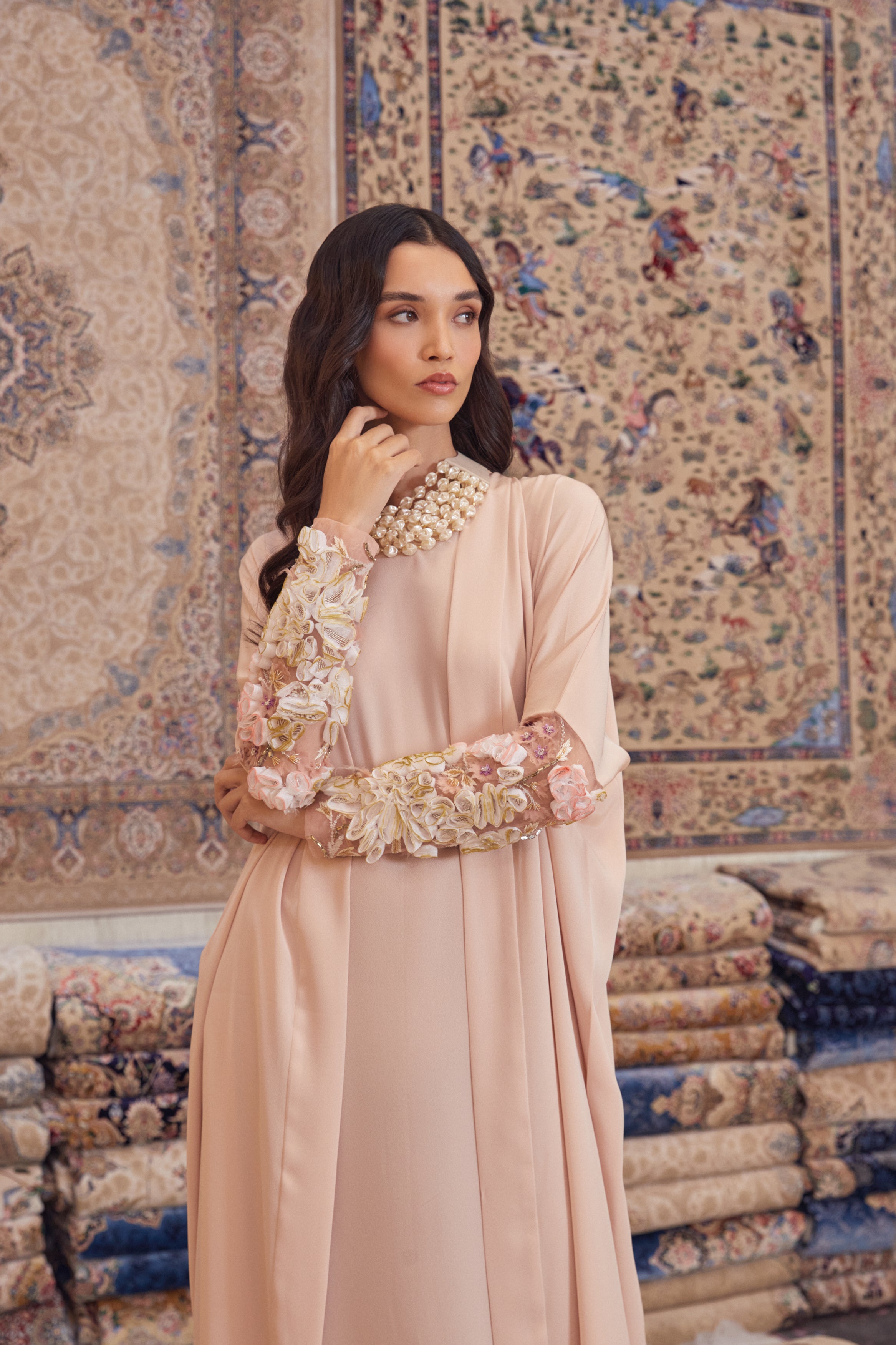 Baby Pink Crepe Abaya with Organza Ribbon Embroidery Sleeves