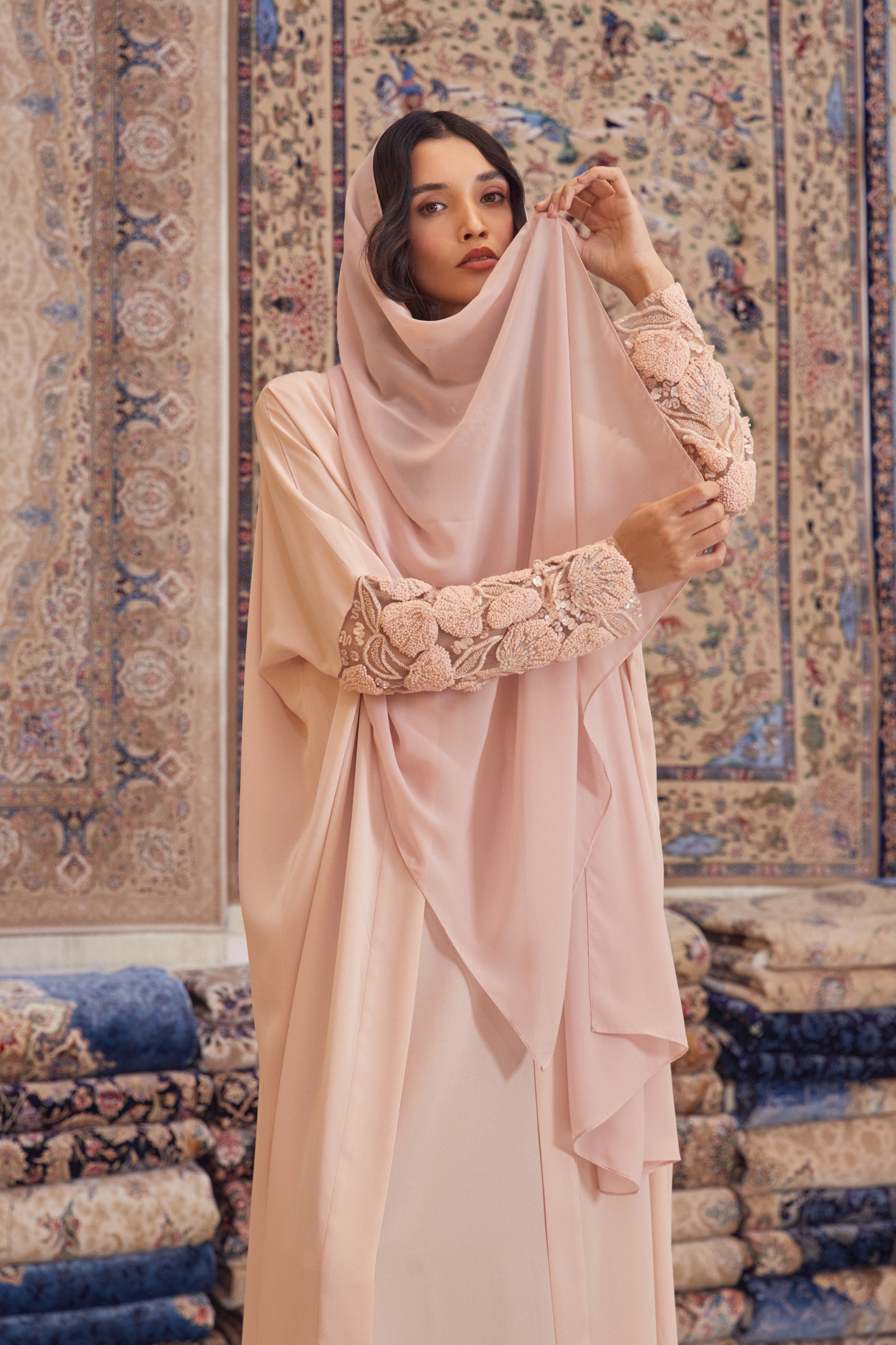 Baby Pink Crepe Abaya with Hand Embroidered Sleeves